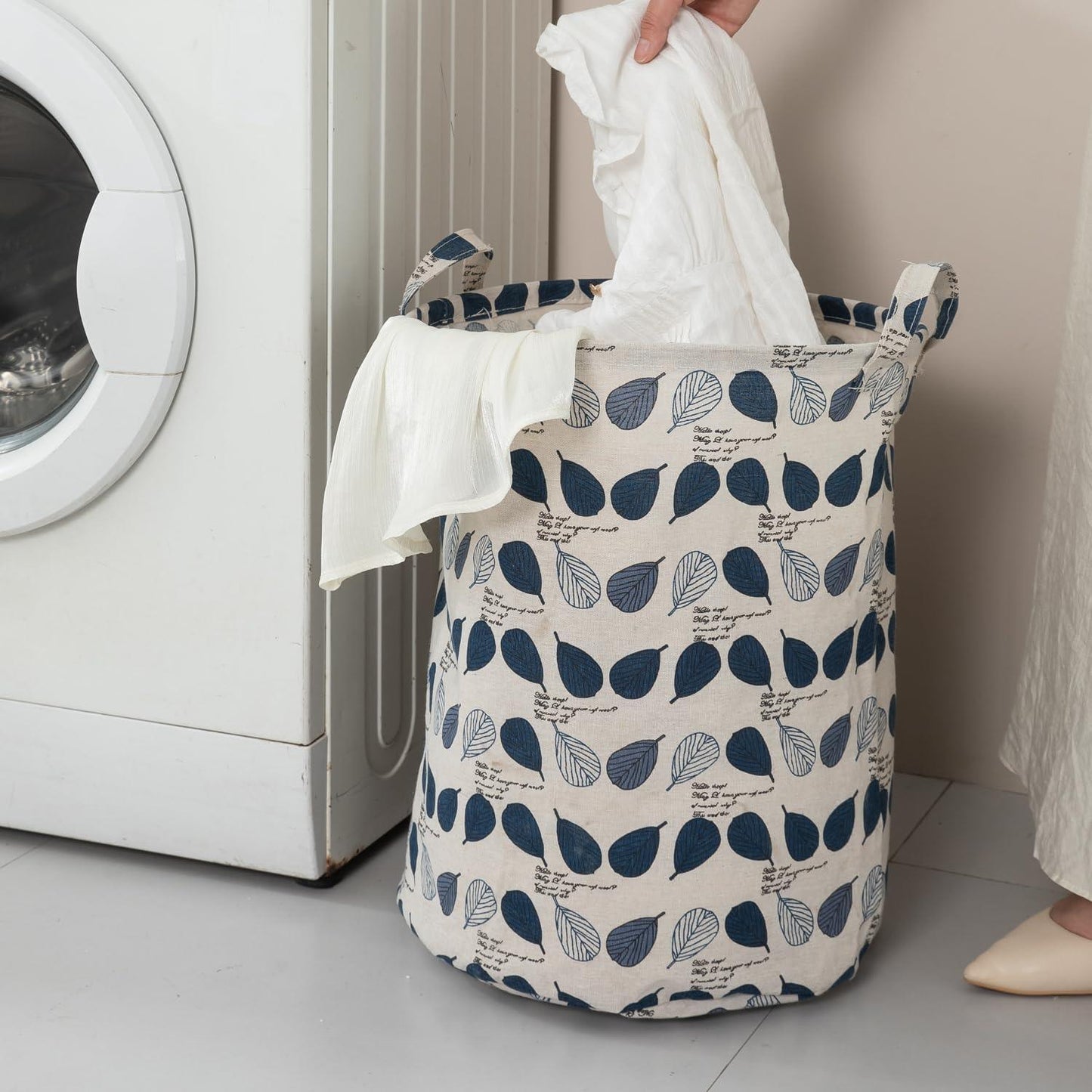 HOKIPO Folding Laundry Basket for Clothes, Round Collapsible Storage Basket, 42 - Ltr - Leaves - HOKIPO | Har Ghar ka Humsafar