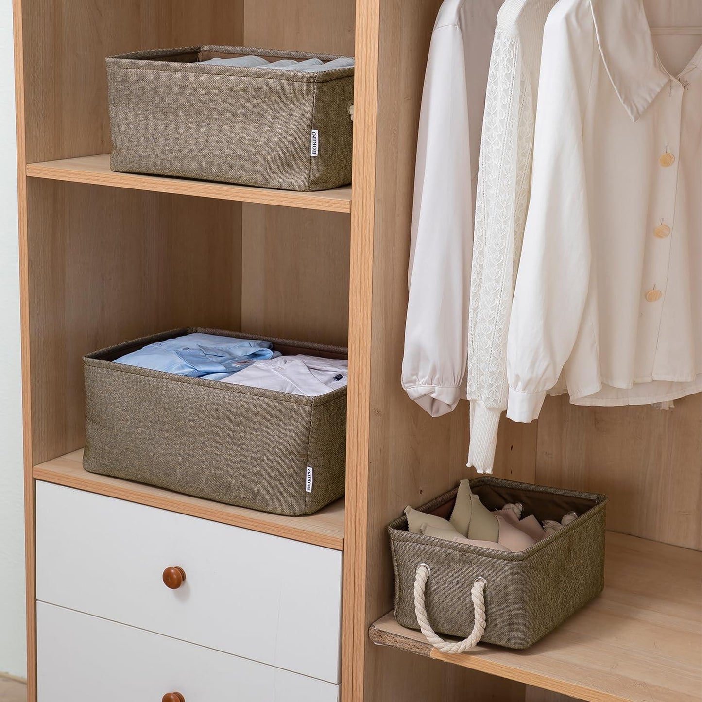 HOKIPO Jute Eco - Friendly Foldable Clothes Storage Basket Set of 3, Coffee Brown - HOKIPO | Har Ghar ka Humsafar