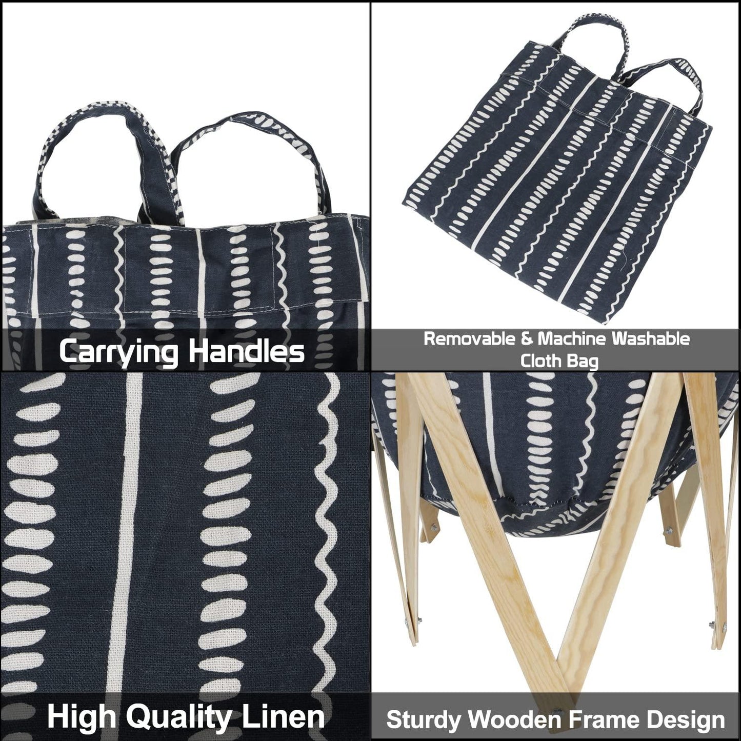 HOKIPO Large European Pattern Laundry Hamper Foldable Wooden Cloth Basket , Blue - HOKIPO | Har Ghar ka Humsafar