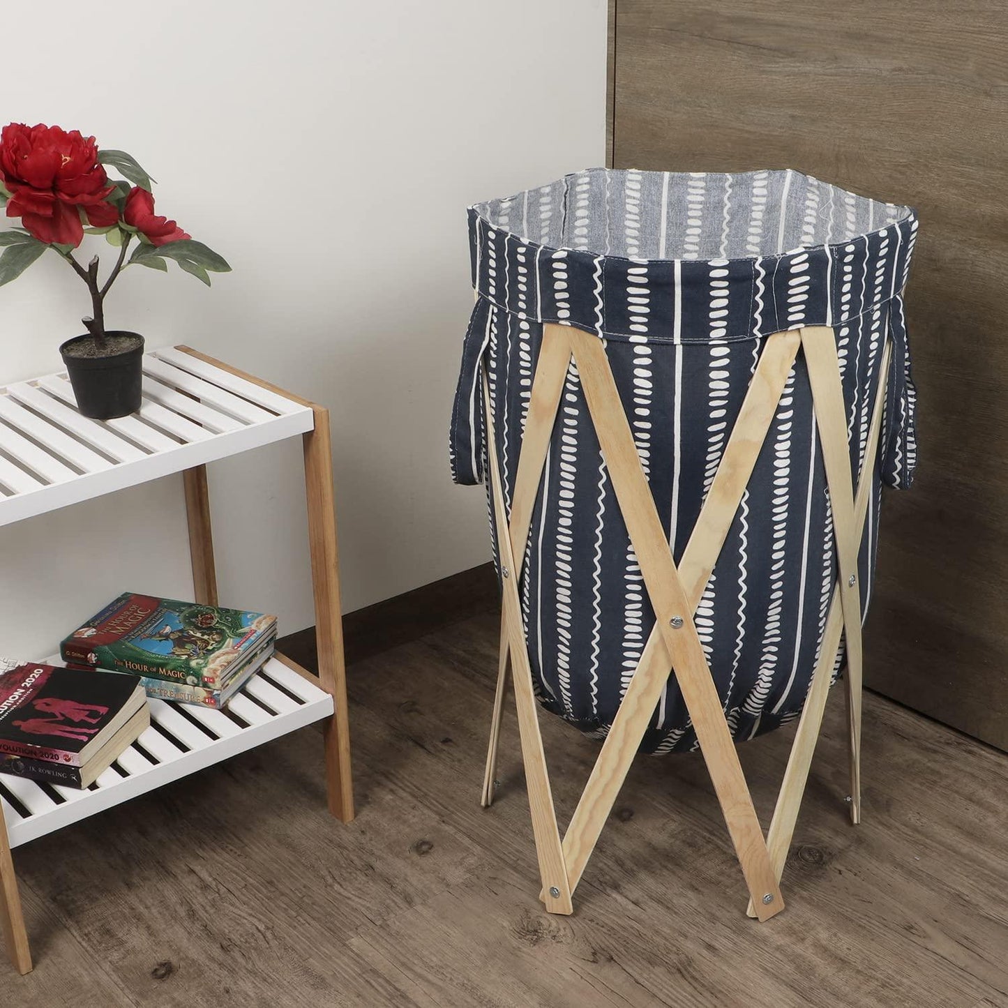 HOKIPO Large European Pattern Laundry Hamper Foldable Wooden Cloth Basket , Blue - HOKIPO | Har Ghar ka Humsafar