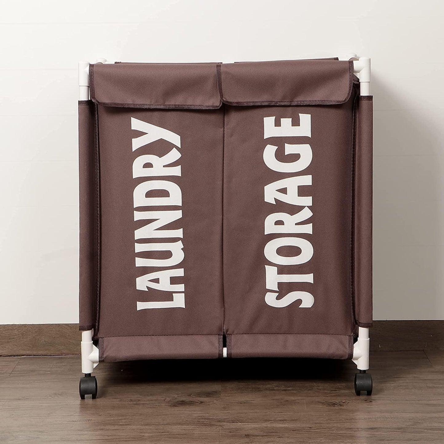 HOKIPO Oxford Fabric 2 Compartment Laundry Basket Trolley With Wheels - Brown - HOKIPO | Har Ghar ka Humsafar