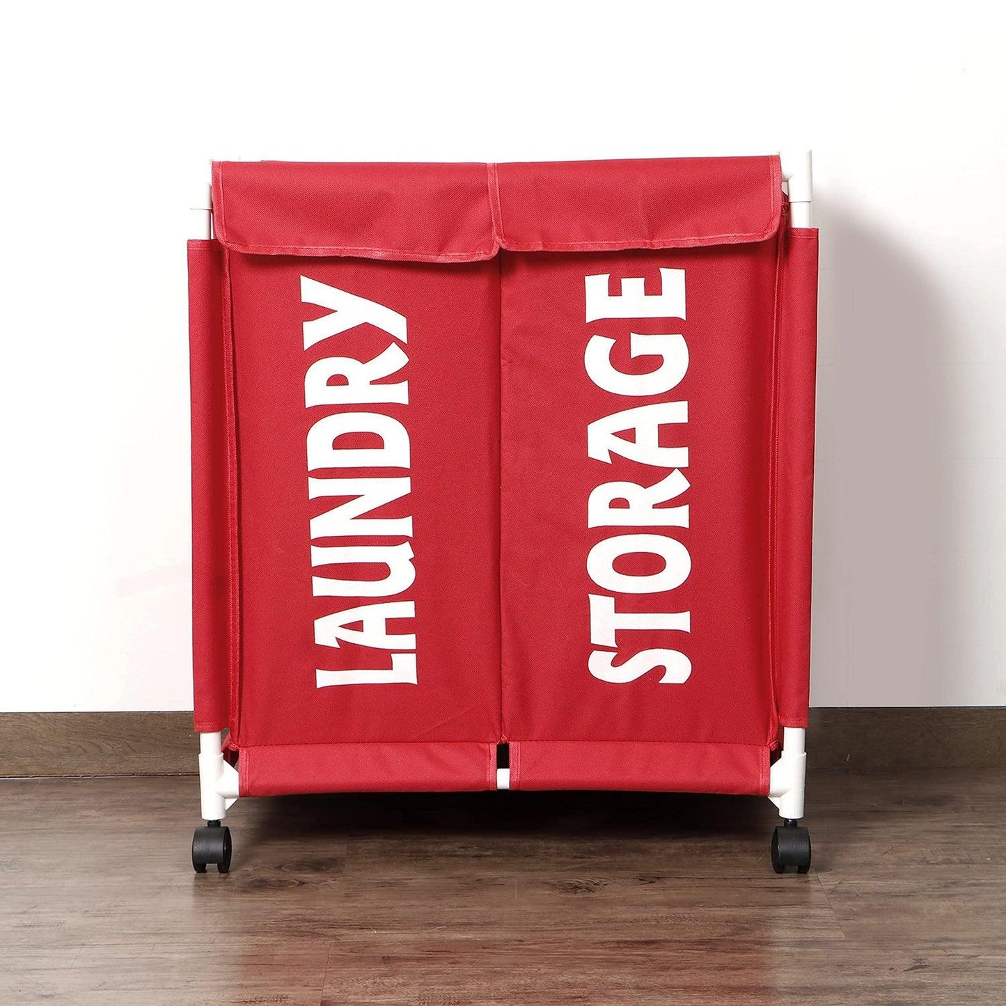 HOKIPO Oxford Fabric Laundry 2 Compartment Basket Trolley With Wheels - 65x61x35 cm, Red - HOKIPO | Har Ghar ka Humsafar