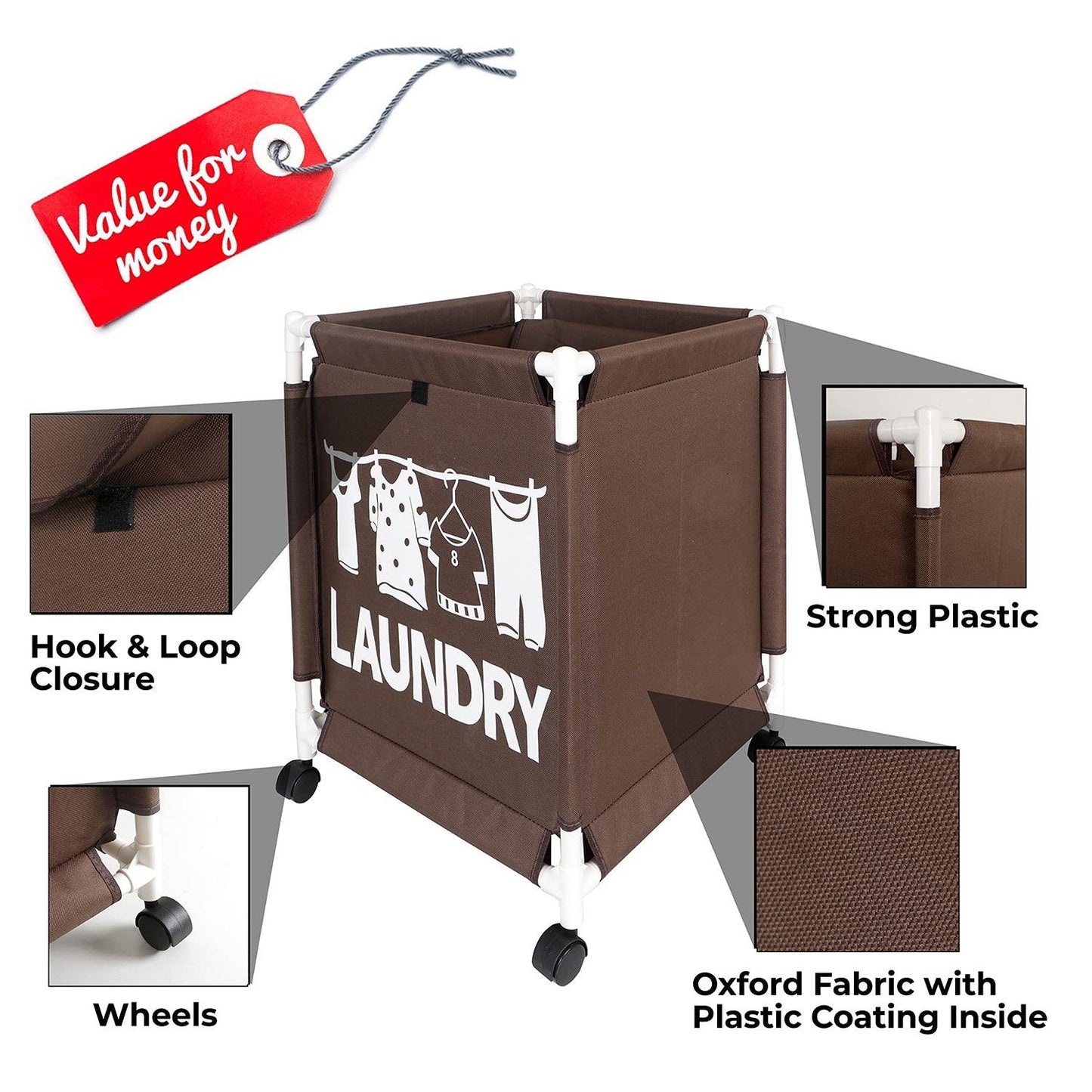 HOKIPO Oxford Fabric Laundry Basket Trolley With Wheels - 60x44x44 cm, Brown - HOKIPO | Har Ghar ka Humsafar