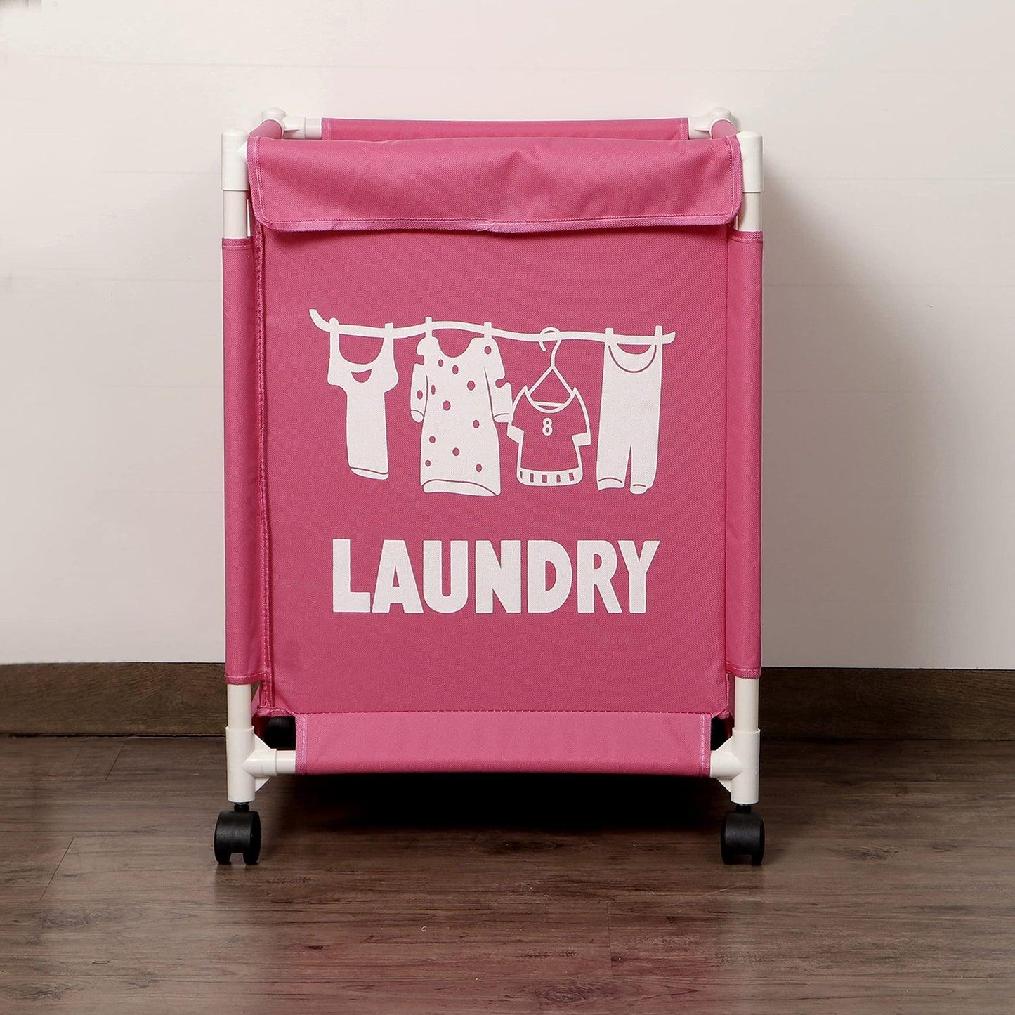 HOKIPO Oxford Fabric Laundry Basket Trolley With Wheels - 60x44x44 cm, Pink - HOKIPO | Har Ghar ka Humsafar