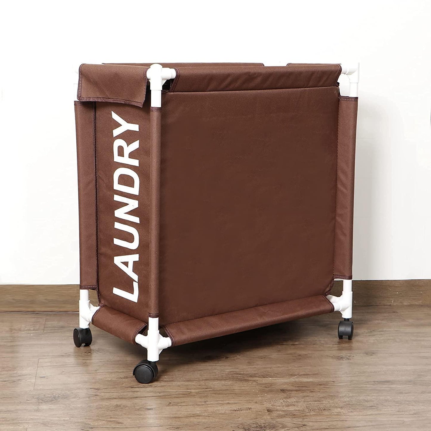 HOKIPO Oxford Fabric Laundry Basket Trolley With Wheels - 65x30x58 cm, Brown - HOKIPO | Har Ghar ka Humsafar