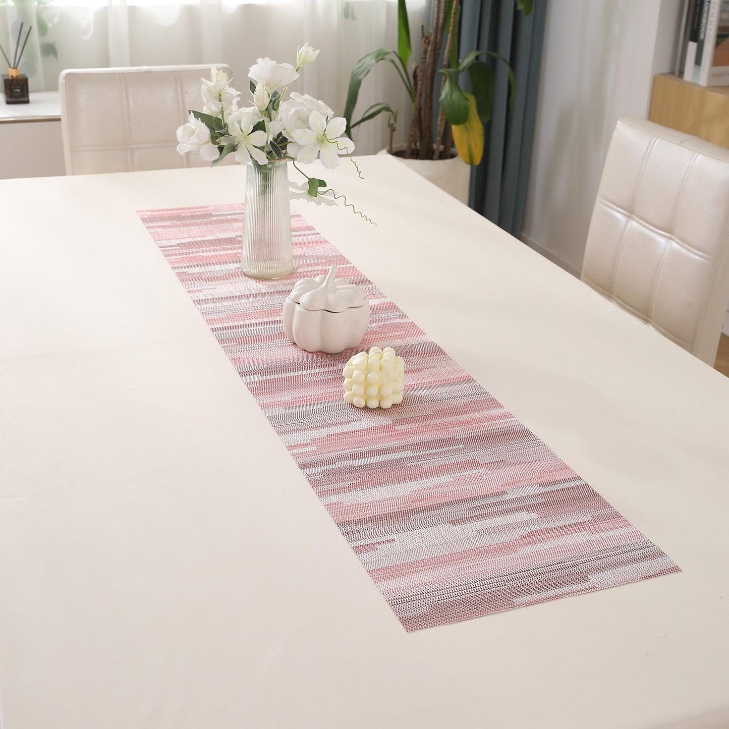 HOKIPO PVC Dining Table Mats and Runner Set of 4/6, Rosemilk Essence Vertical Lines