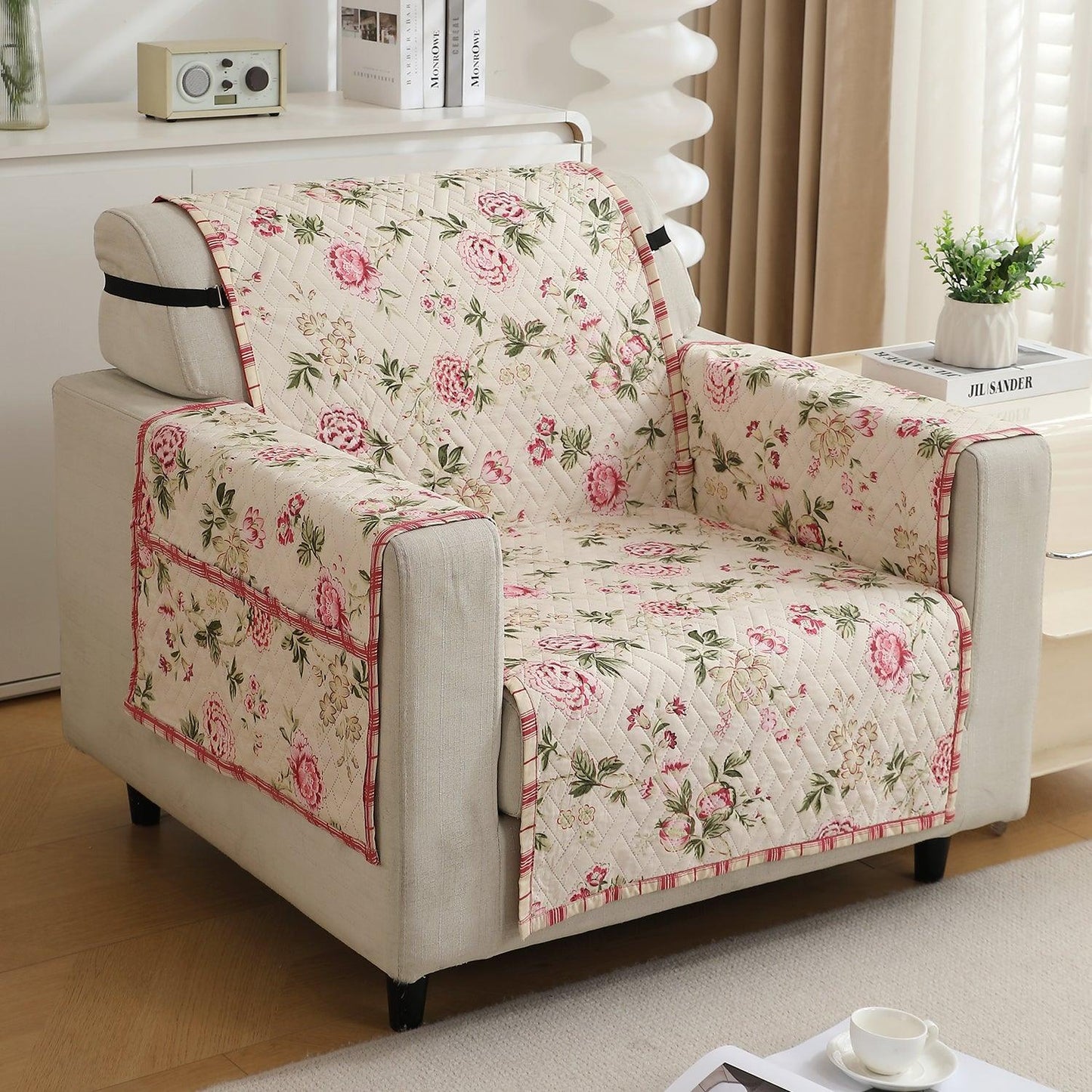 Beige Peonies Printed elegant 1 seater quilted sofa cover
