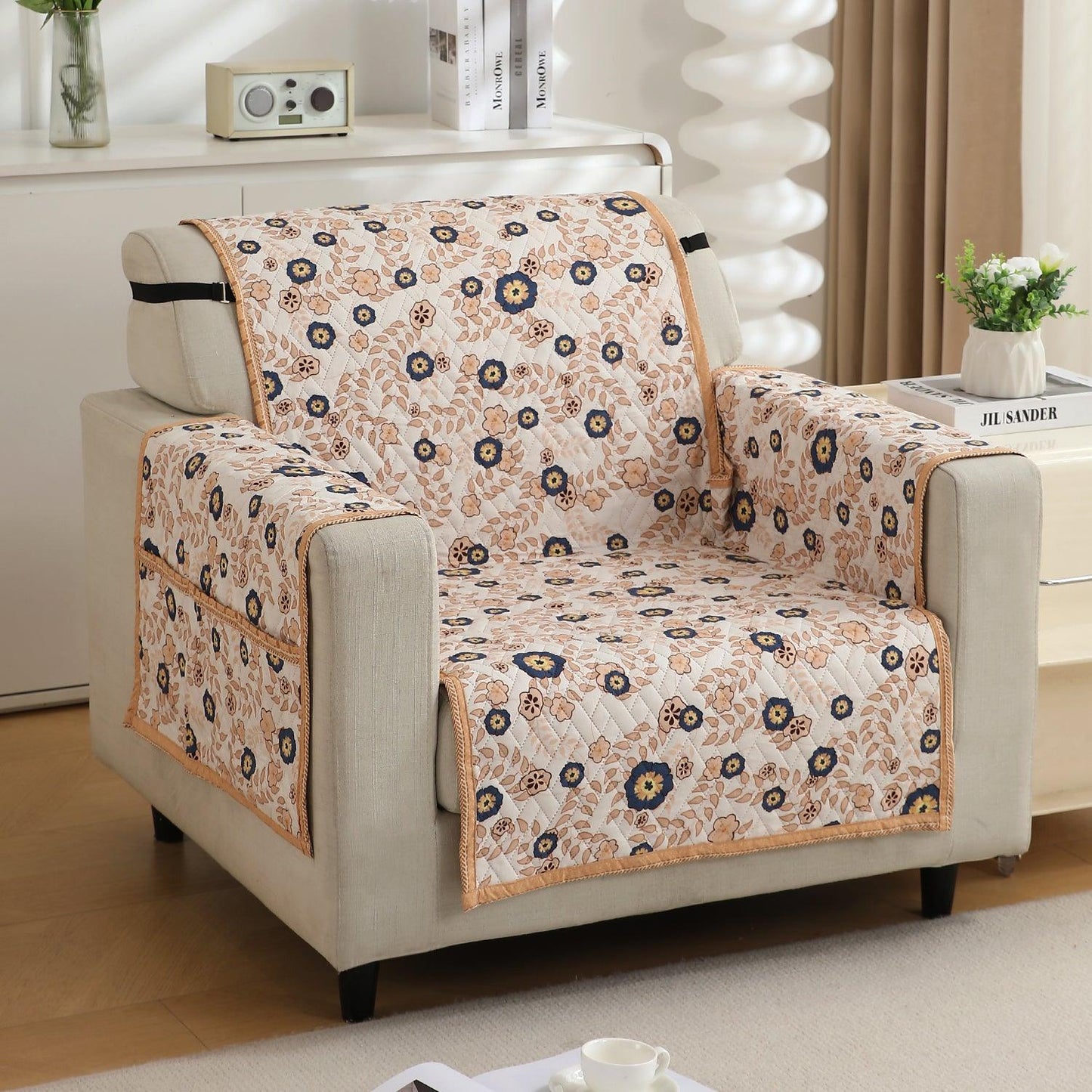 Light Peach Candytuft Printed elegant 1 seater quilted sofa cover