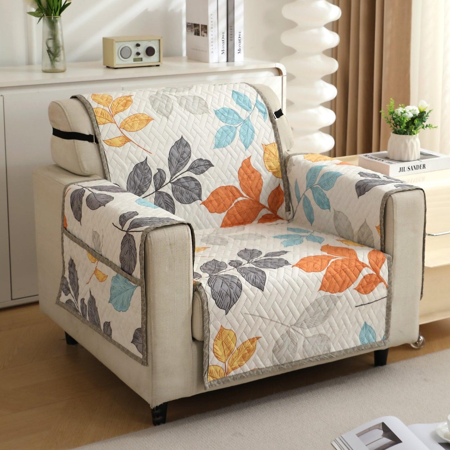 Multicolor Leaves Printed elegant 1 seater quilted sofa cover