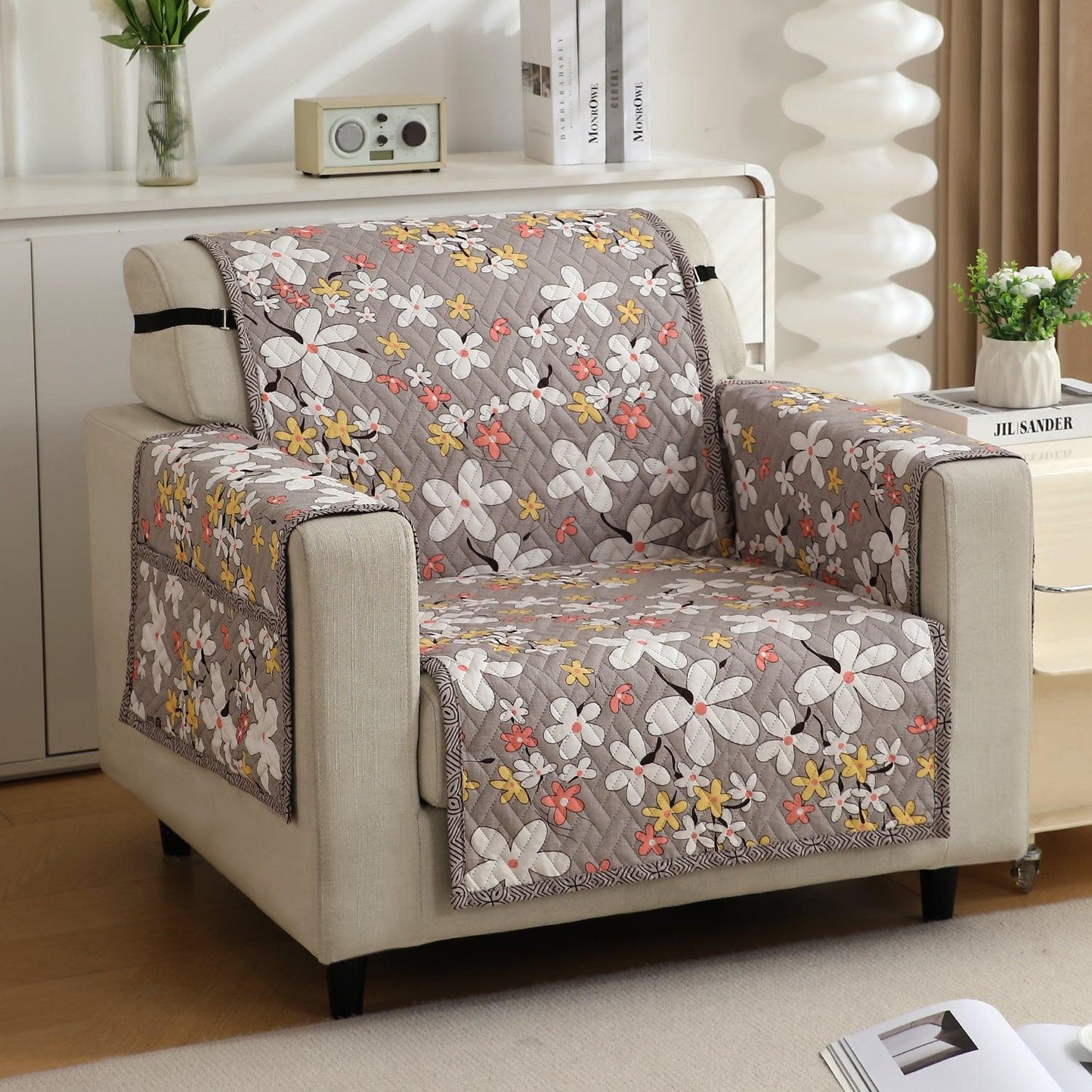 Pastel Brown Sandwort Flower Printed elegant 1 seater sofa cover