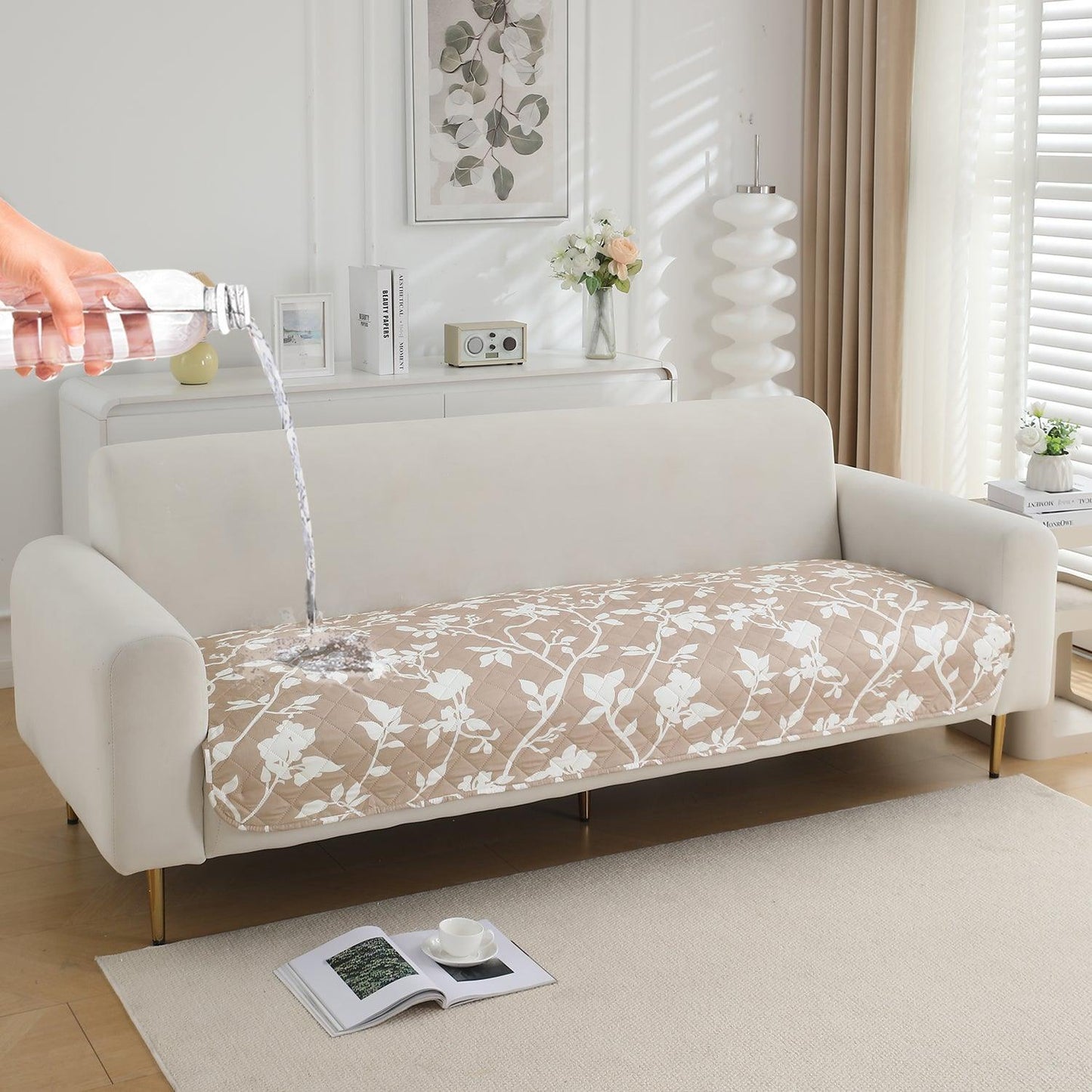 HOKIPO Water Repellent Sofa Seat Mat for 1/2/3 Seater - Buff Brown Sillehoute Floral - HOKIPO | Har Ghar ka Humsafar