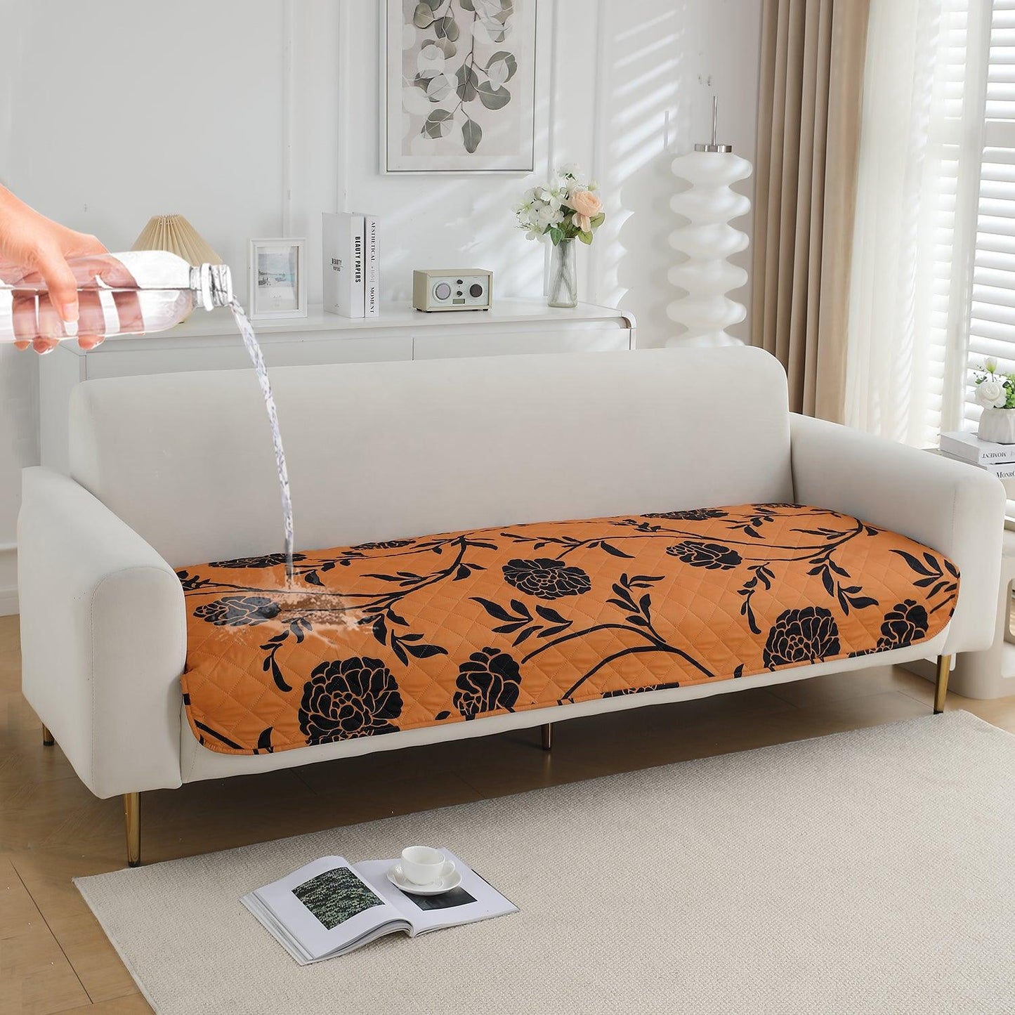 HOKIPO Water Repellent Sofa Seat Mat for 1/2/3 Seater - Copper Brown Floral - HOKIPO | Har Ghar ka Humsafar