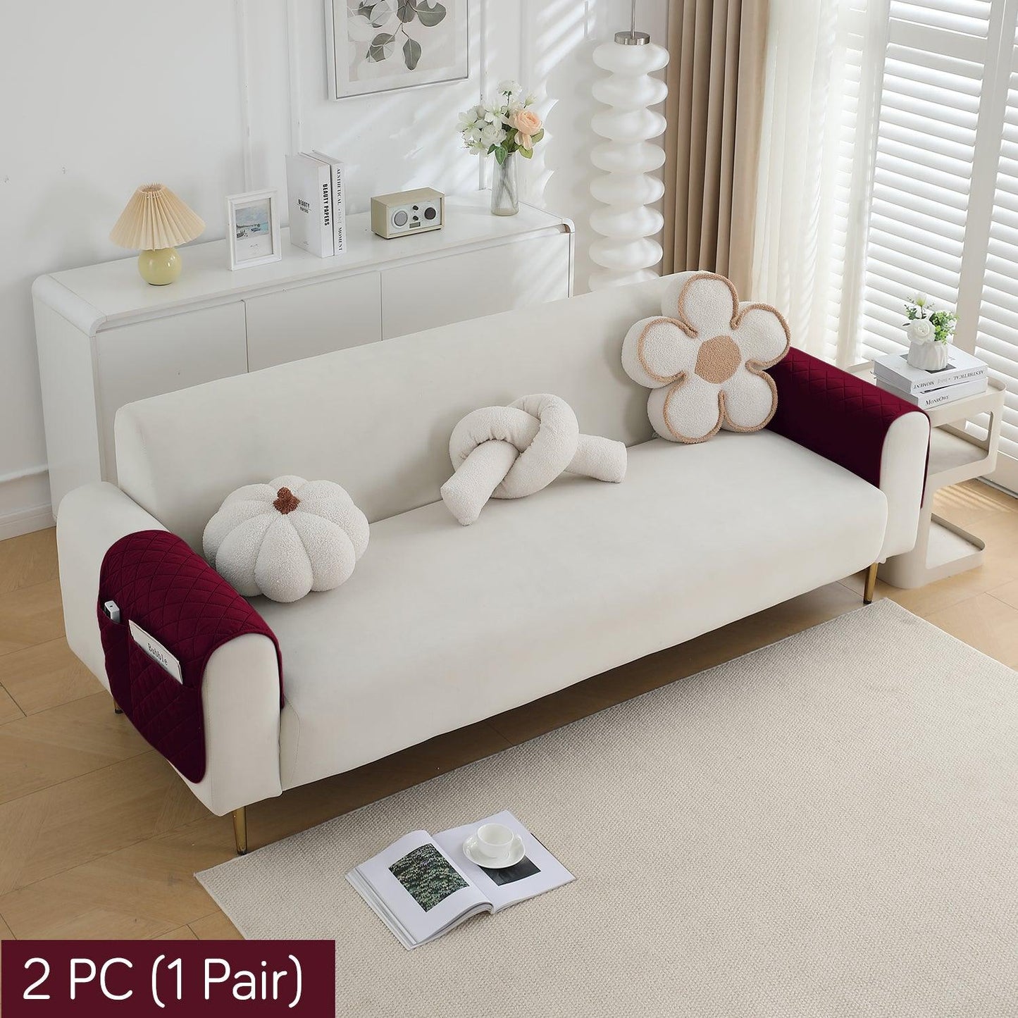 HOKIPO Waterproof Quilted Sofa Arm Rest Cover with Pockets (2Pcs) - Burgundy - HOKIPO | Har Ghar ka Humsafar