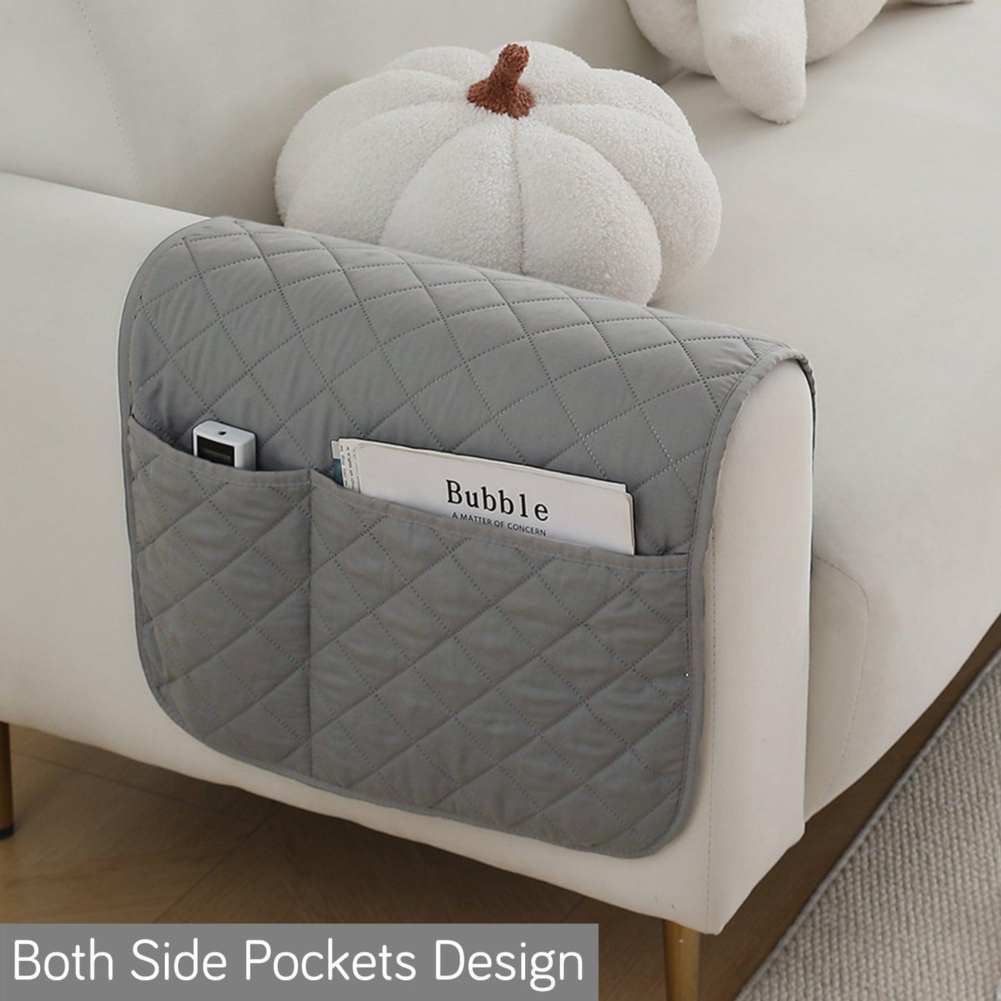 HOKIPO Waterproof Quilted Sofa Arm Rest Cover with Pockets (2Pcs) - Light Grey - HOKIPO | Har Ghar ka Humsafar