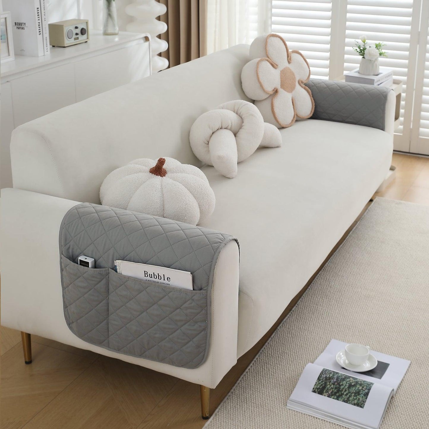 HOKIPO Waterproof Quilted Sofa Arm Rest Cover with Pockets (2Pcs) - Light Grey - HOKIPO | Har Ghar ka Humsafar