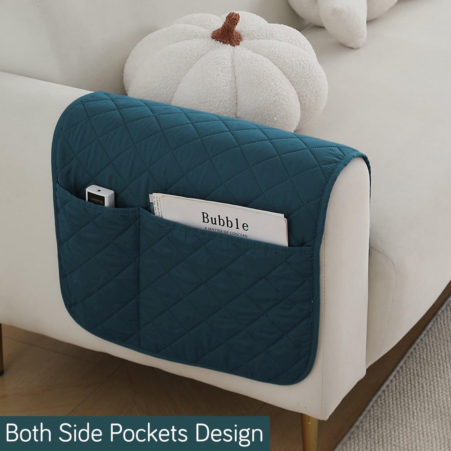 HOKIPO Waterproof Quilted Sofa Arm Rest Cover with Pockets (2Pcs) - Peacock Blue - HOKIPO | Har Ghar ka Humsafar
