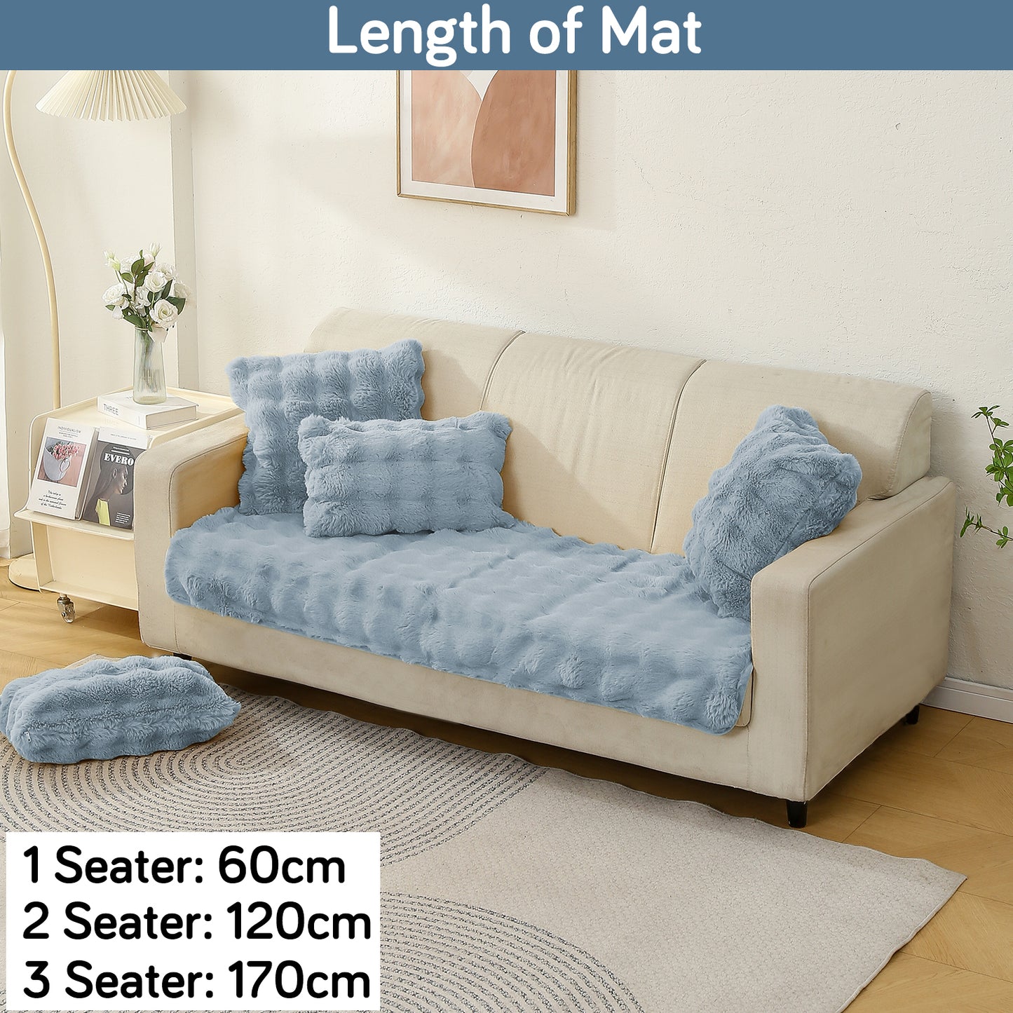 Premium Faux Rabbit Fur Anti Slip Sofa Mat for 1/2/3 Seater, Charm Blue