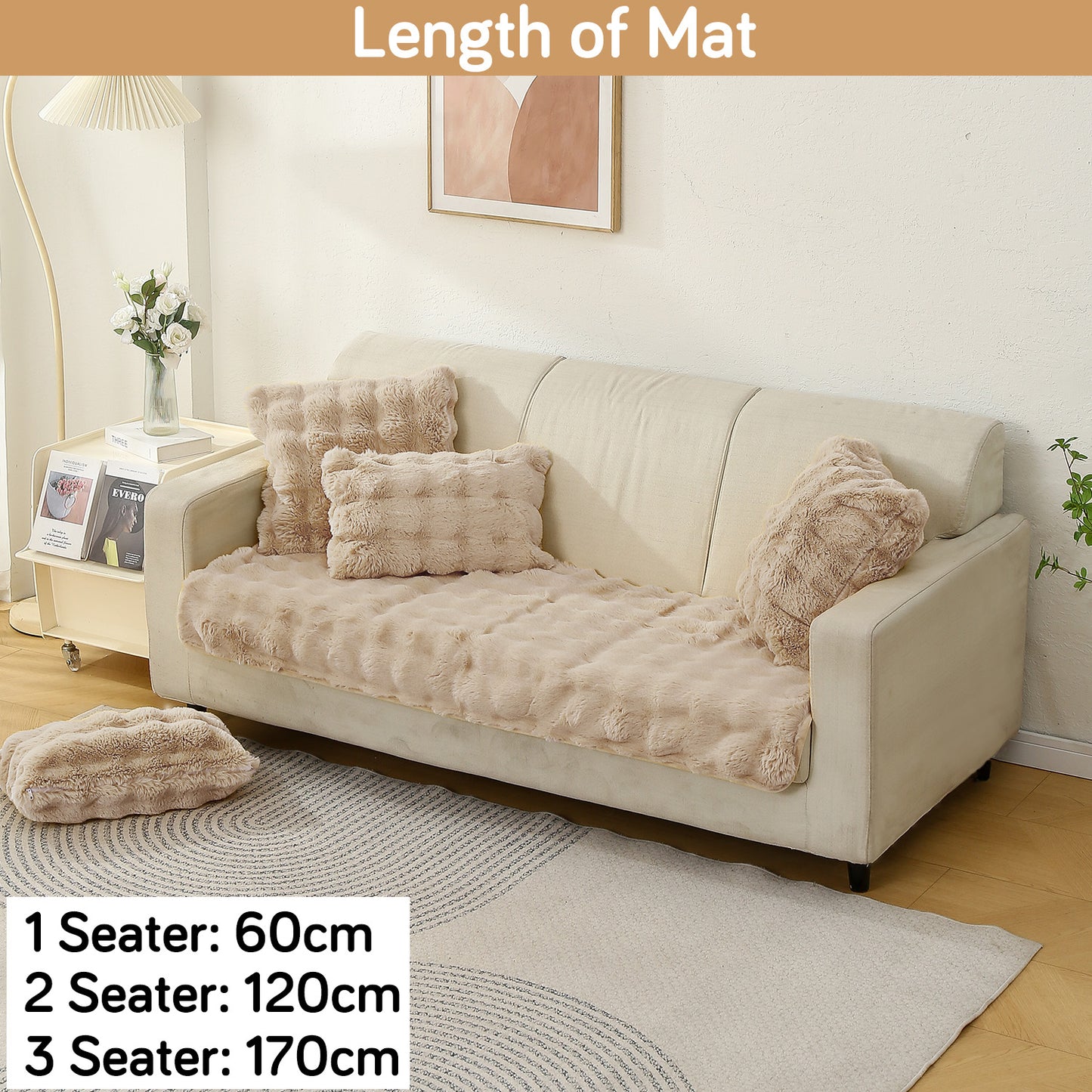 Premium Faux Rabbit Fur Anti Slip Sofa Mat for 1/2/3 Seater, Latte Brown