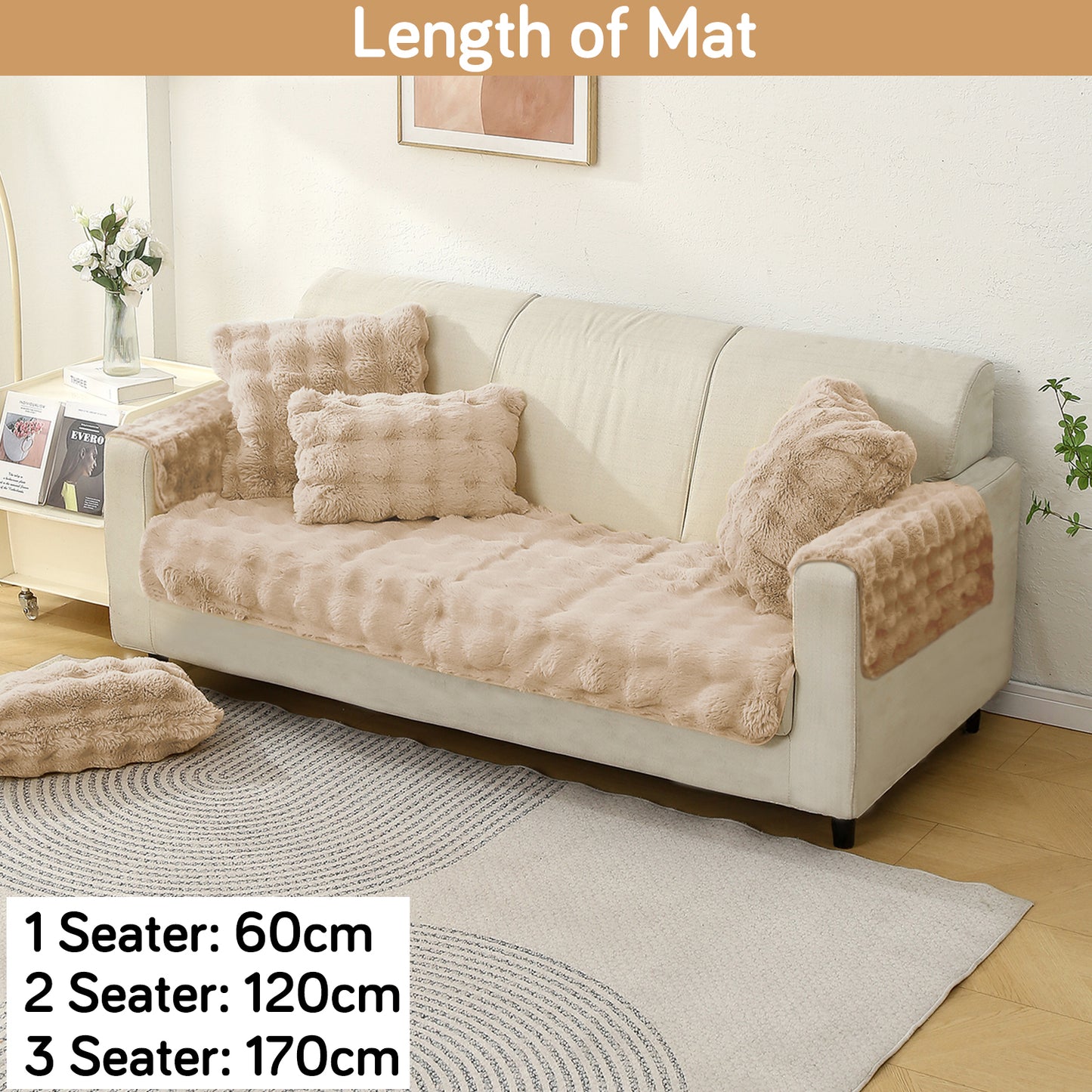 Premium Faux Rabbit Fur Anti Slip Sofa Cover Mat with 2 Armrest Cover, Latte Brown