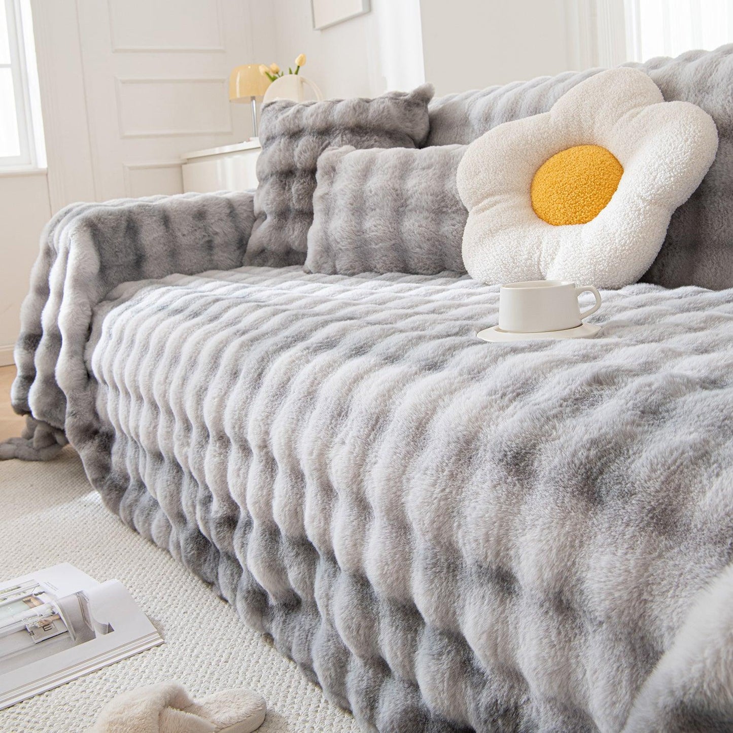 Grey Luxury Gradient Faux Rabbit Wool Sofa Throw – 3 Seater | HOKIPO