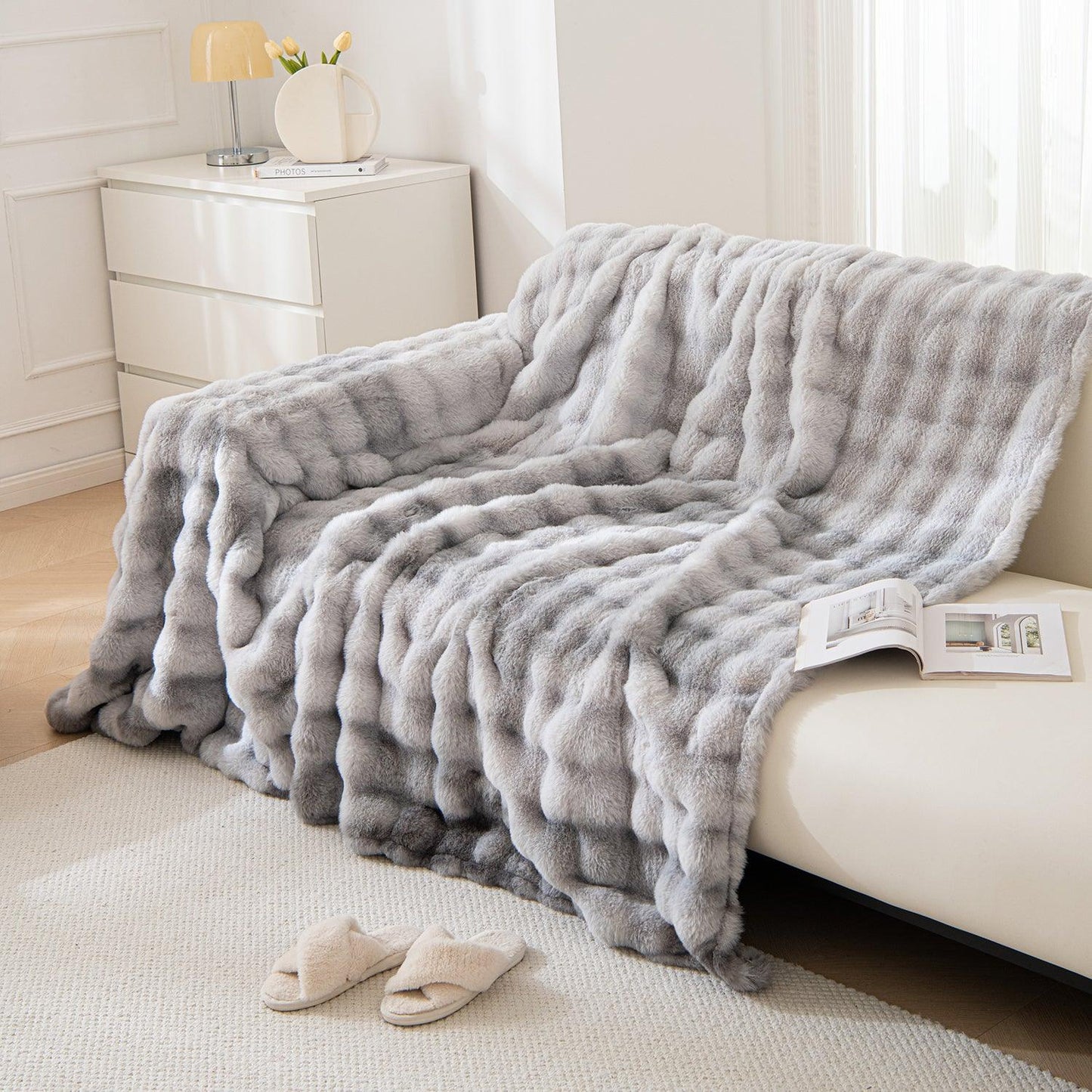 Shop Grey Premium Gradient Faux Rabbit Wool Sofa Throw online at HOKIPO