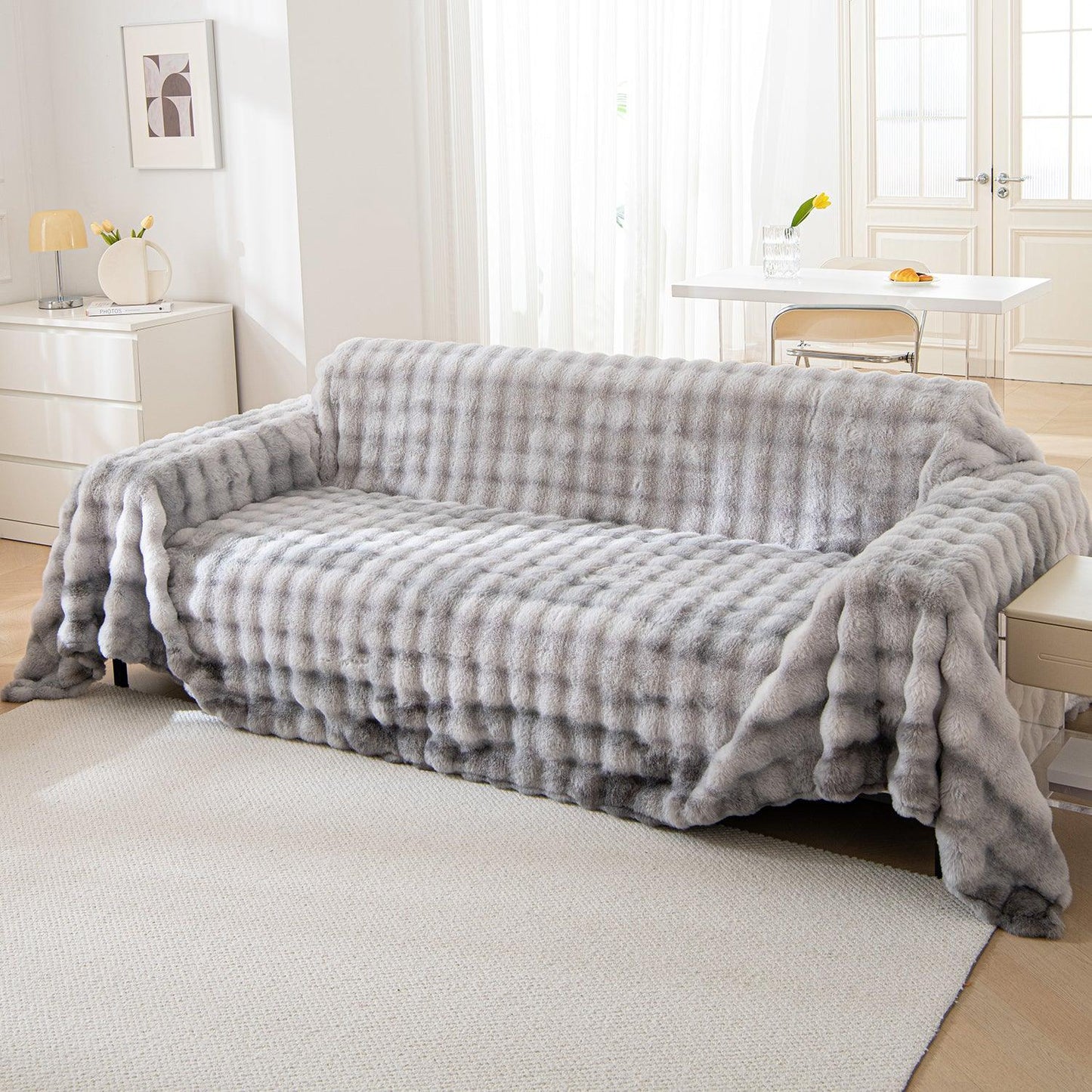 Luxury Gradient Faux Rabbit Wool Sofa Throw Fluffy Sofa Cover, Grey | HOKIPO