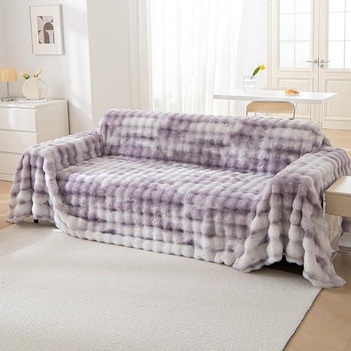 Luxury Gradient Faux Rabbit Wool Sofa Throw Fluffy Sofa Cover, Violet | HOKIPO