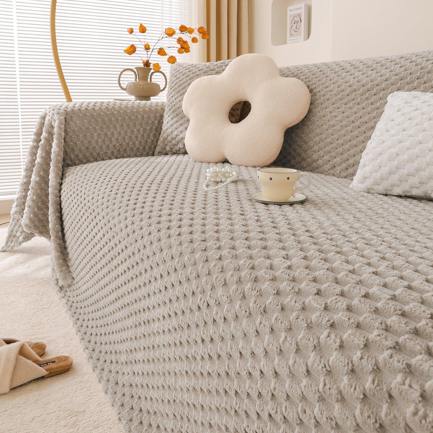 Sand Brown Luxury Rabbit Plush Sofa Throw – 3 Seater | HOKIPO