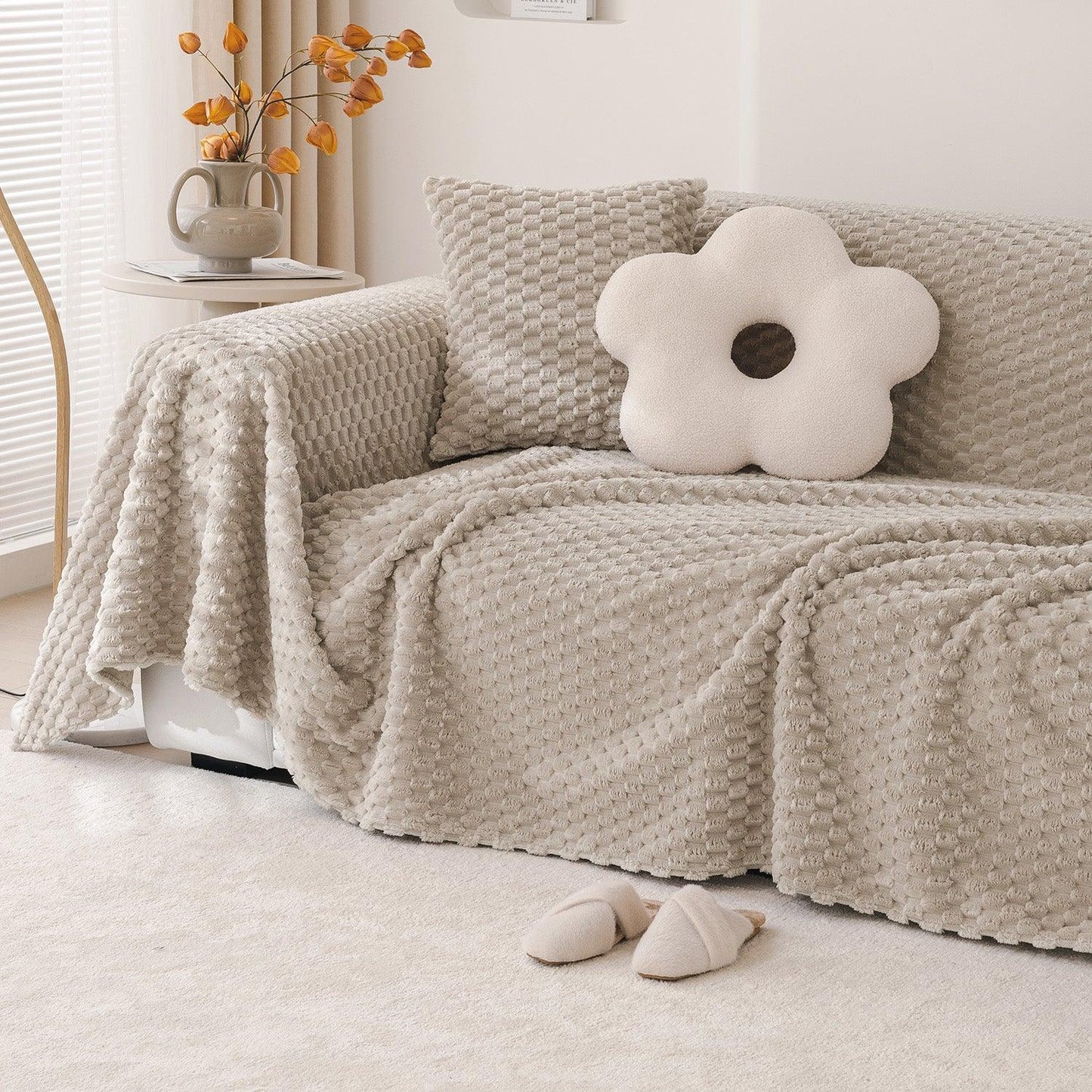 Sand Brown Luxury Rabbit Plush Sofa Throw – 3 Seater | HOKIPO