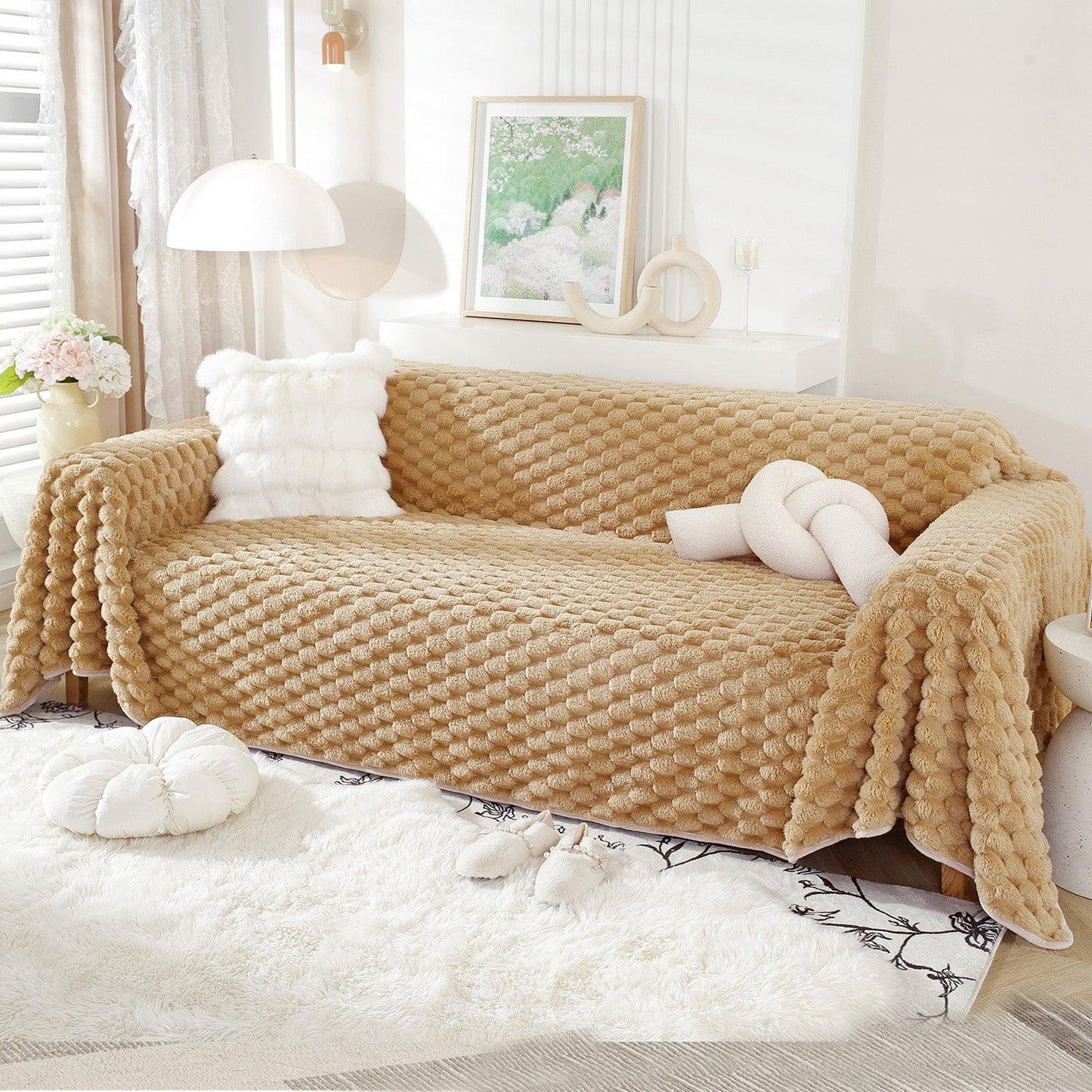 Luxury Rabbit Wool Plush Sofa Throw, Canvas Brown | HOKIPO