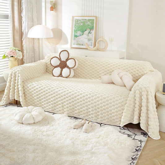 Luxury Rabbit Wool Plush Sofa Throw, Cream | HOKIPO