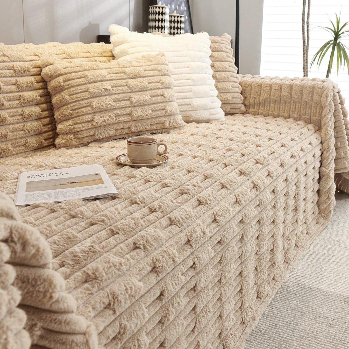 Beige Luxury Waxy Faux Rabbit Fluffy Plush Sofa Throw | HOKIPO