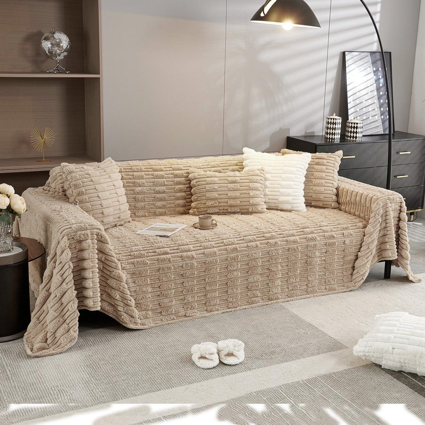 Luxury Waxy Faux Rabbit Fluffy Plush Sofa Throw, Beige | HOKIPO