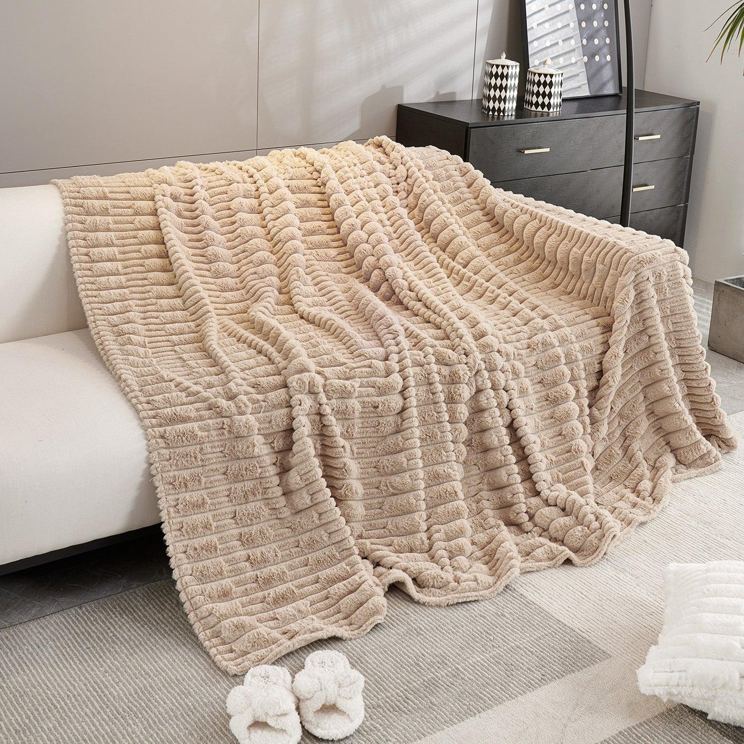 Buy Beige Luxury Waxy Faux Rabbit Fluffy Plush Sofa Cover | HOKIPO