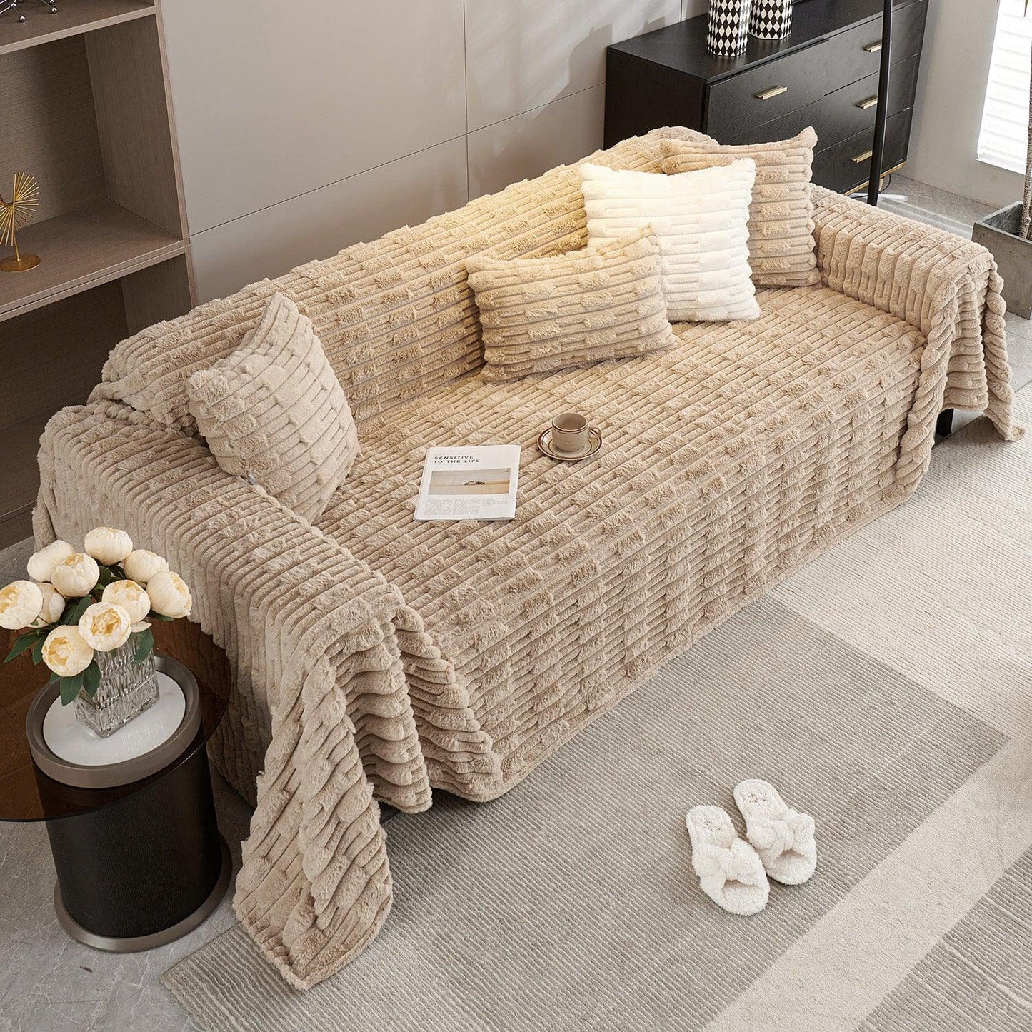 Beige Luxury Waxy Faux Rabbit Fluffy Plush Sofa Throw – 3 Seater | HOKIPO
