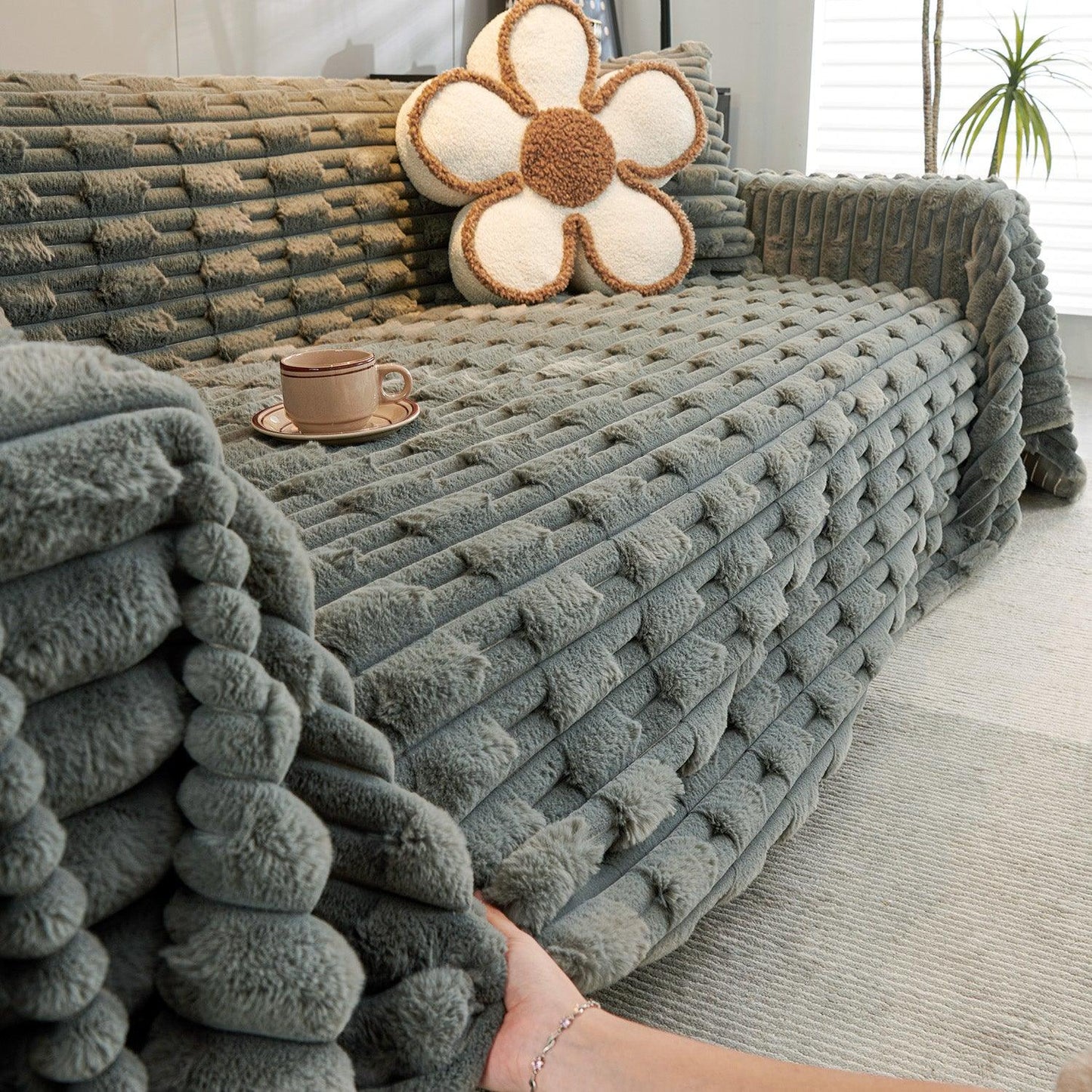 Buy Charcoal Grey Luxury Waxy Faux Rabbit Fluffy Plush Sofa Throws online | HOKIPO