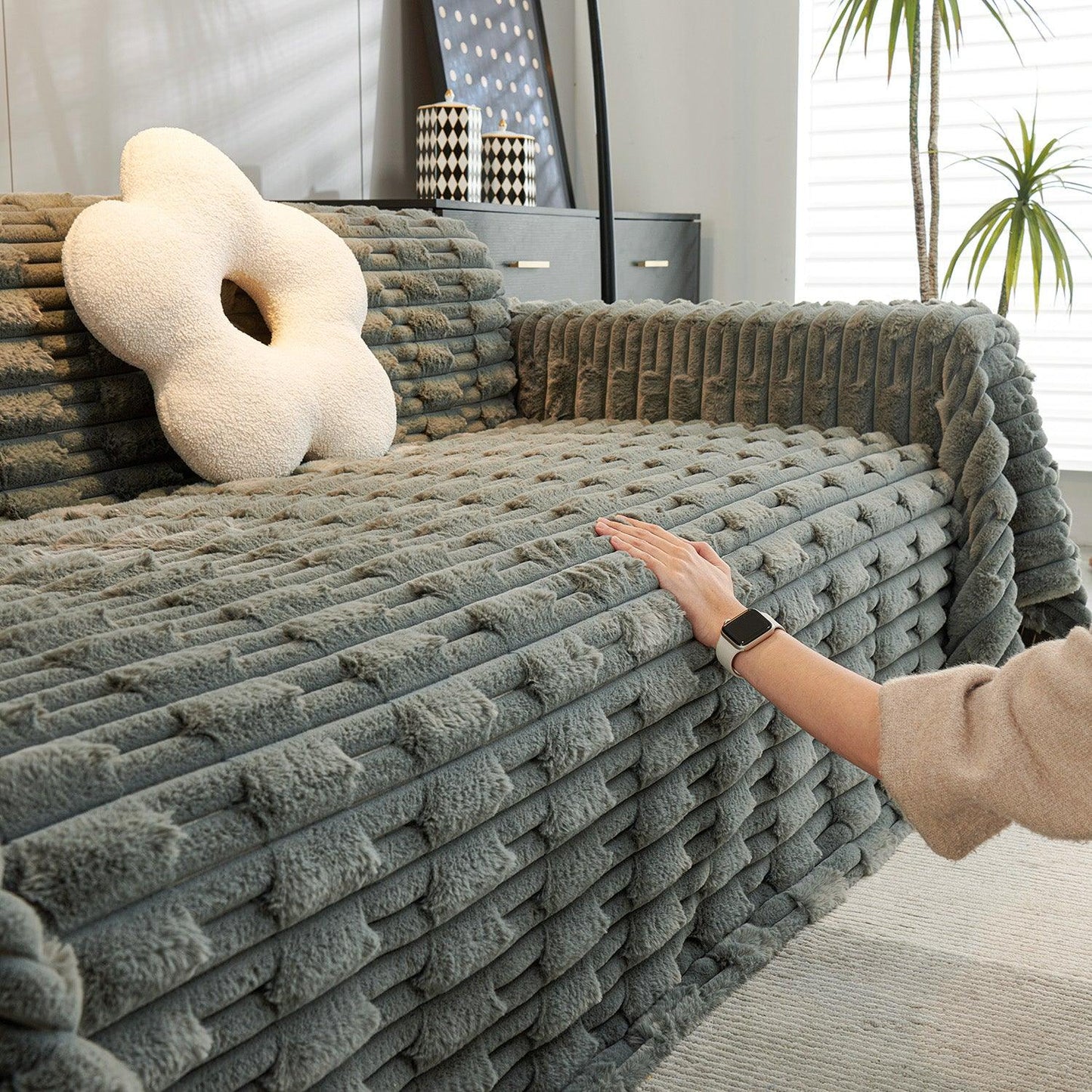 Buy Charcoal Grey Luxury Waxy Faux Rabbit Fluffy Plush Sofa Cover | HOKIPO