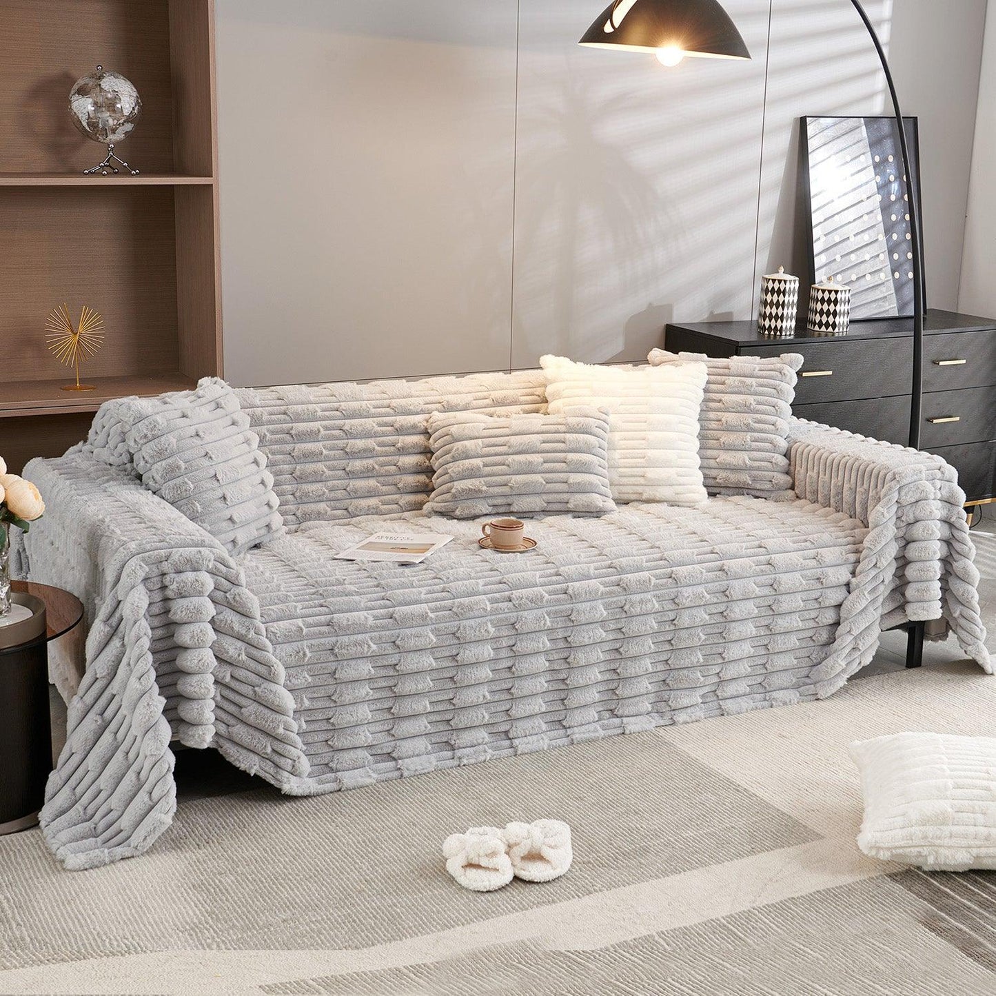 Luxury Waxy Faux Rabbit Fluffy Plush Sofa Throw, Cloud Grey | HOKIPO