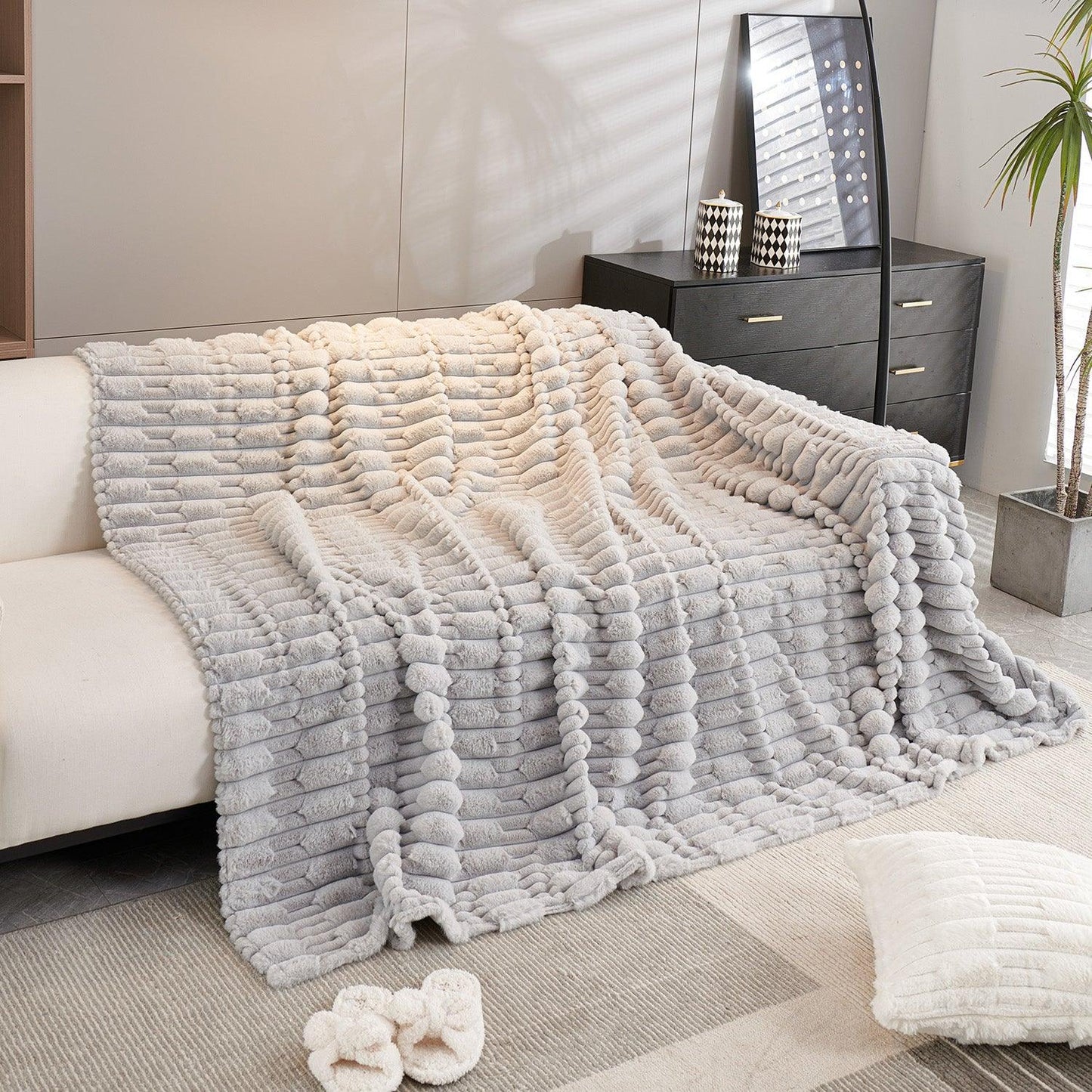 Buy Cloud Grey Luxury Waxy Faux Rabbit Fluffy Plush Sofa Cover | HOKIPO