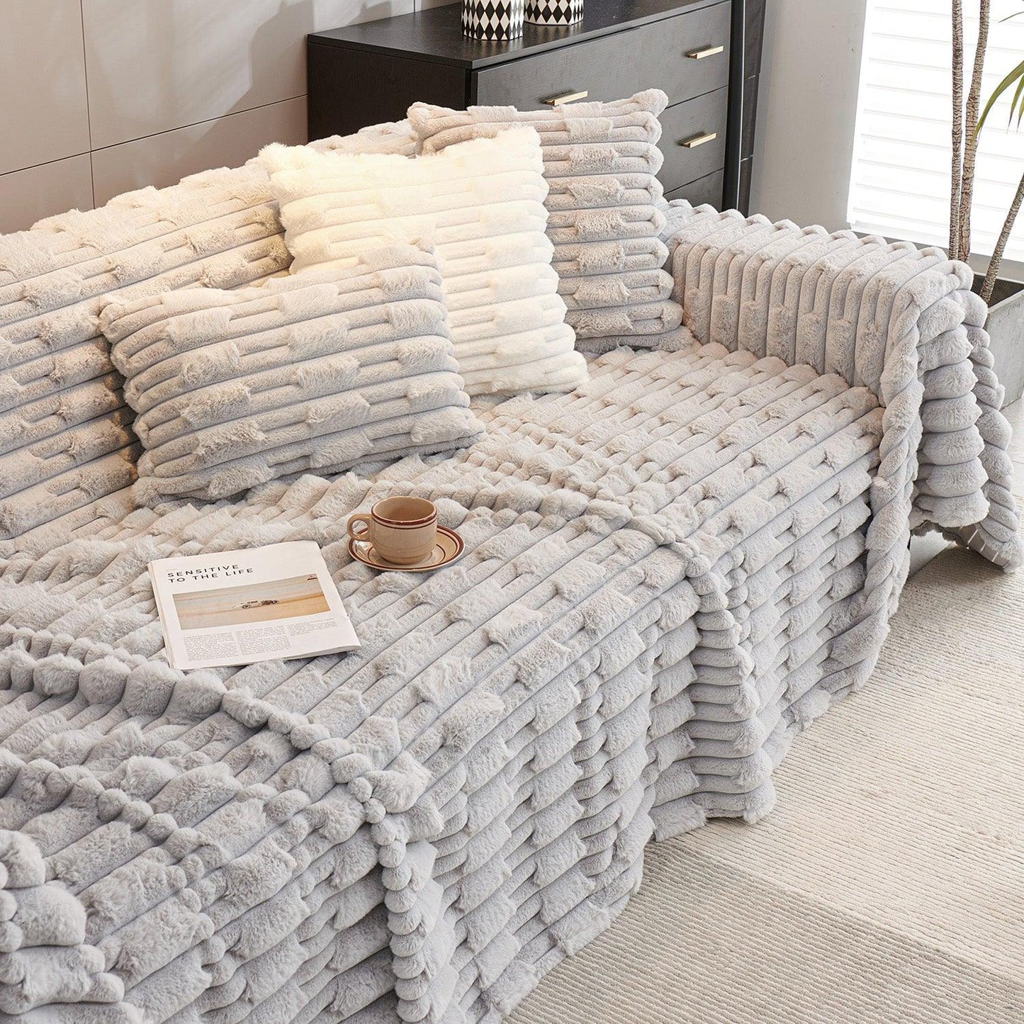 Cloud Grey Luxury Waxy Faux Rabbit Fluffy Plush Sofa Throw – 3 Seater | HOKIPO