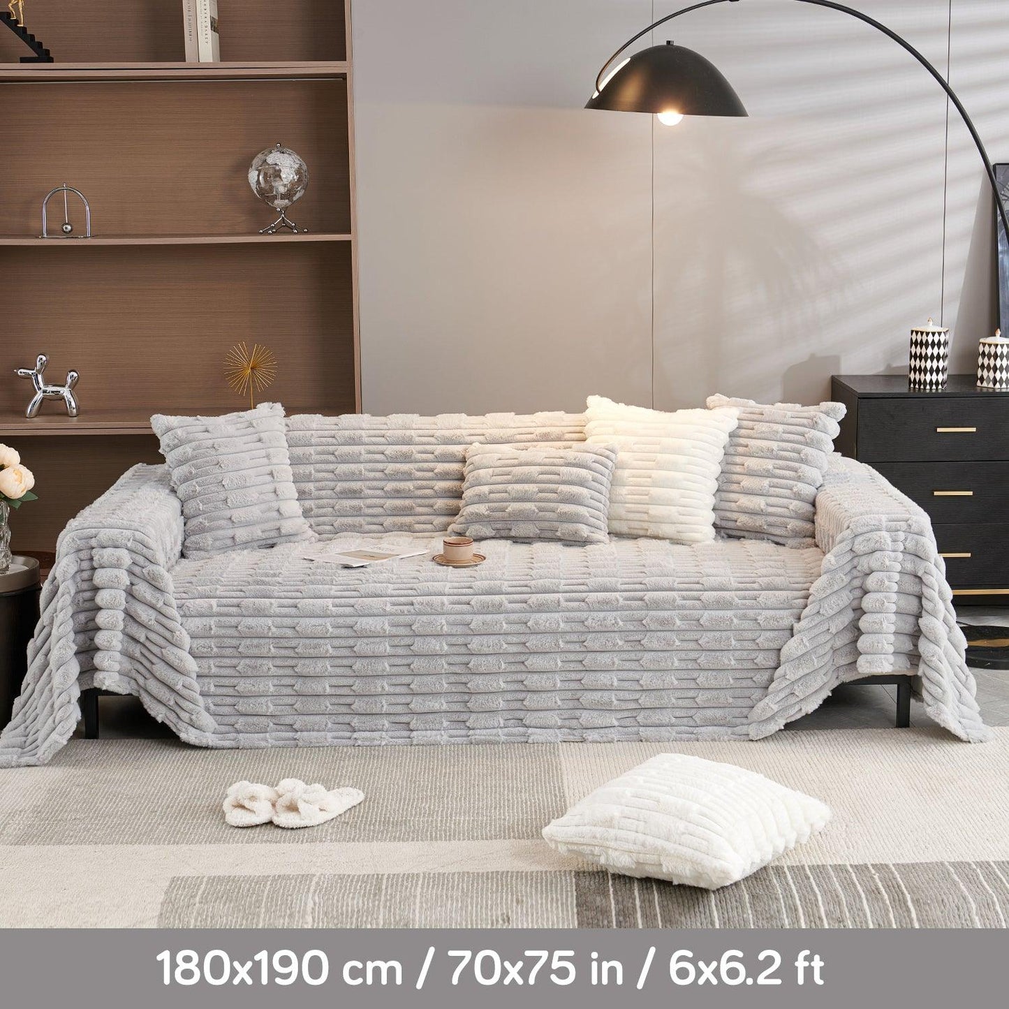 Cloud Grey Luxury Waxy Faux Rabbit Fluffy Plush Sofa Throw Available for 1/2/3 seater sofas | HOKIPO