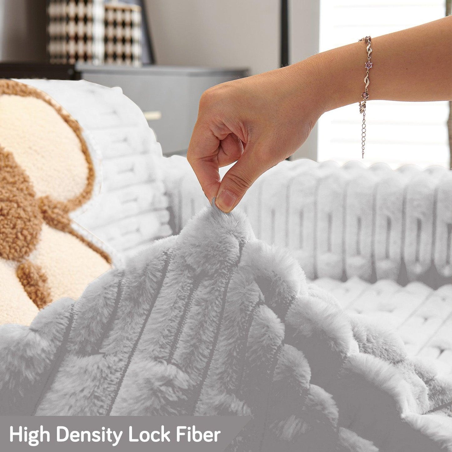 Cloud Grey Skin-friendly and incredibly comfortable Cloud Grey Luxury Waxy Faux Rabbit Fluffy Plush Sofa Throw Cover | HOKIPO