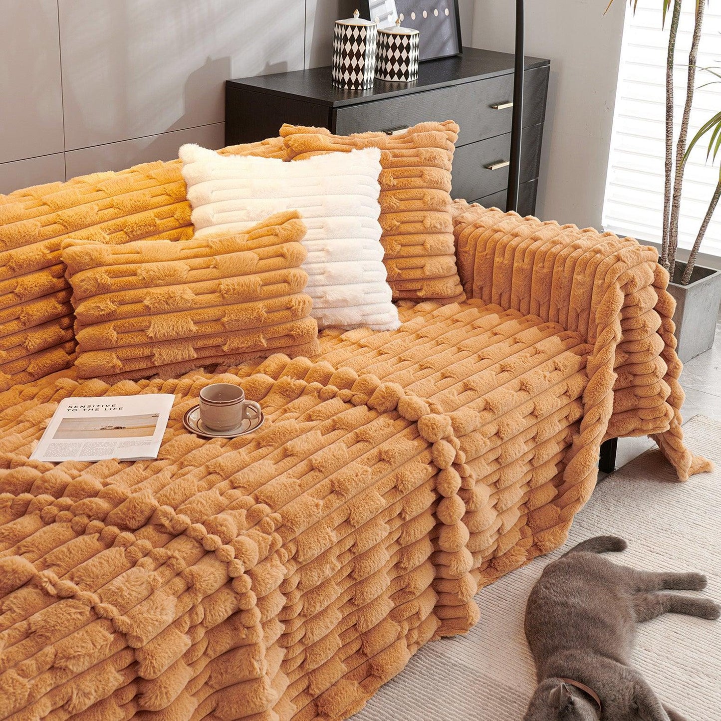 Buy Ochre Brown Luxury Waxy Faux Rabbit Fluffy Plush Sofa Cover | HOKIPO