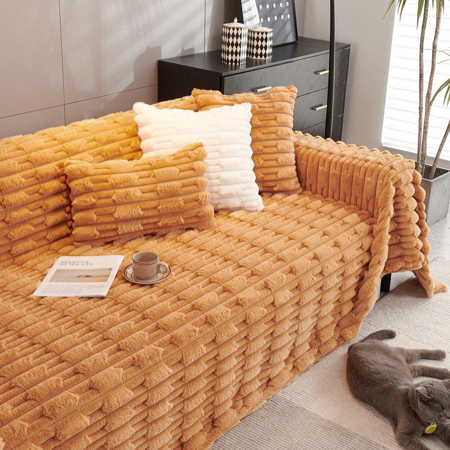 Buy Ochre Brown Luxury Waxy Faux Rabbit Fluffy Plush Sofa Throw | HOKIPO