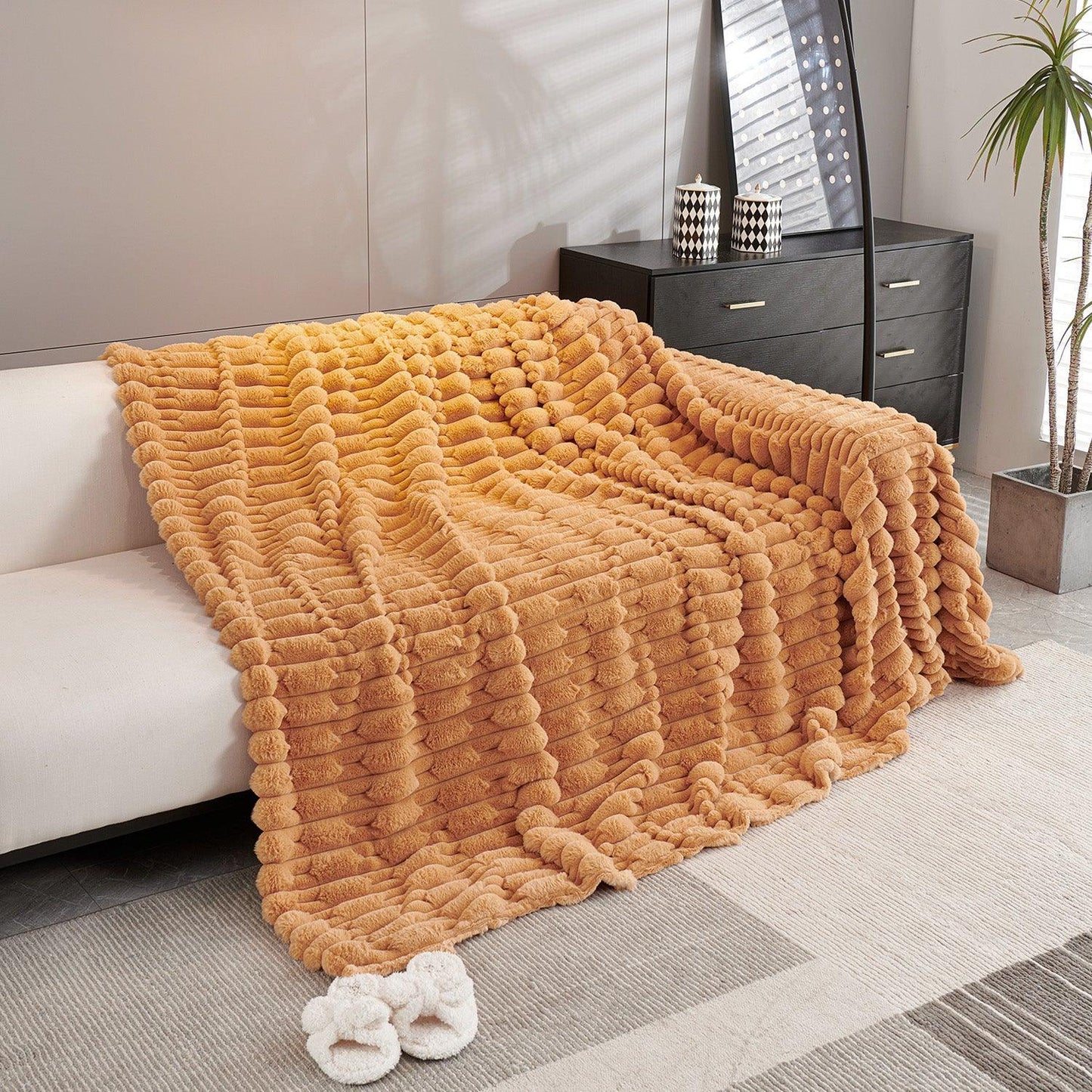 Ochre Brown Luxury Waxy Faux Rabbit Fluffy Plush Sofa Throw Available for 1/2/3 seater sofas | HOKIPO