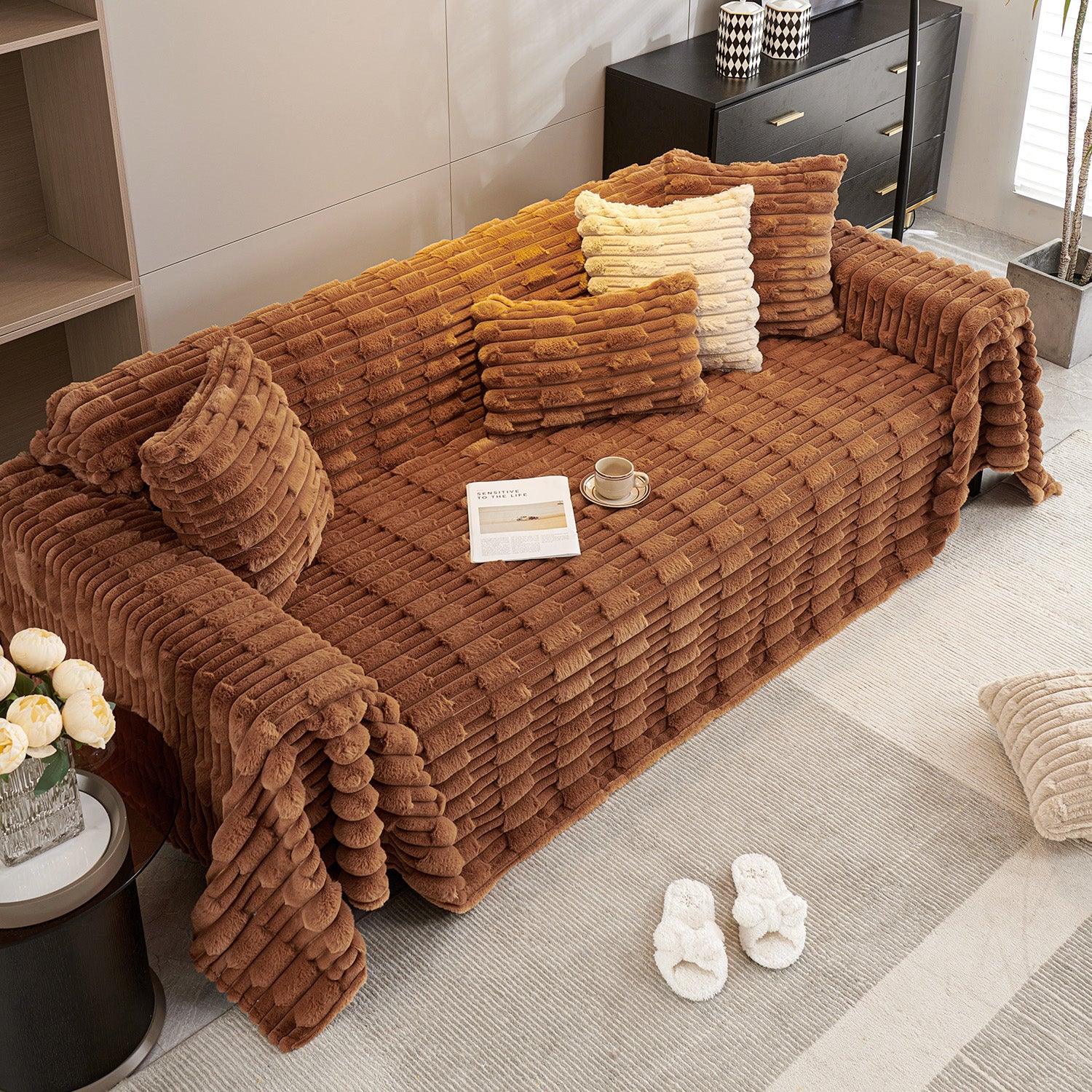 Russet Brown Luxury Waxy Faux Rabbit Fluffy Plush Sofa Throw – 3 Seater | HOKIPO