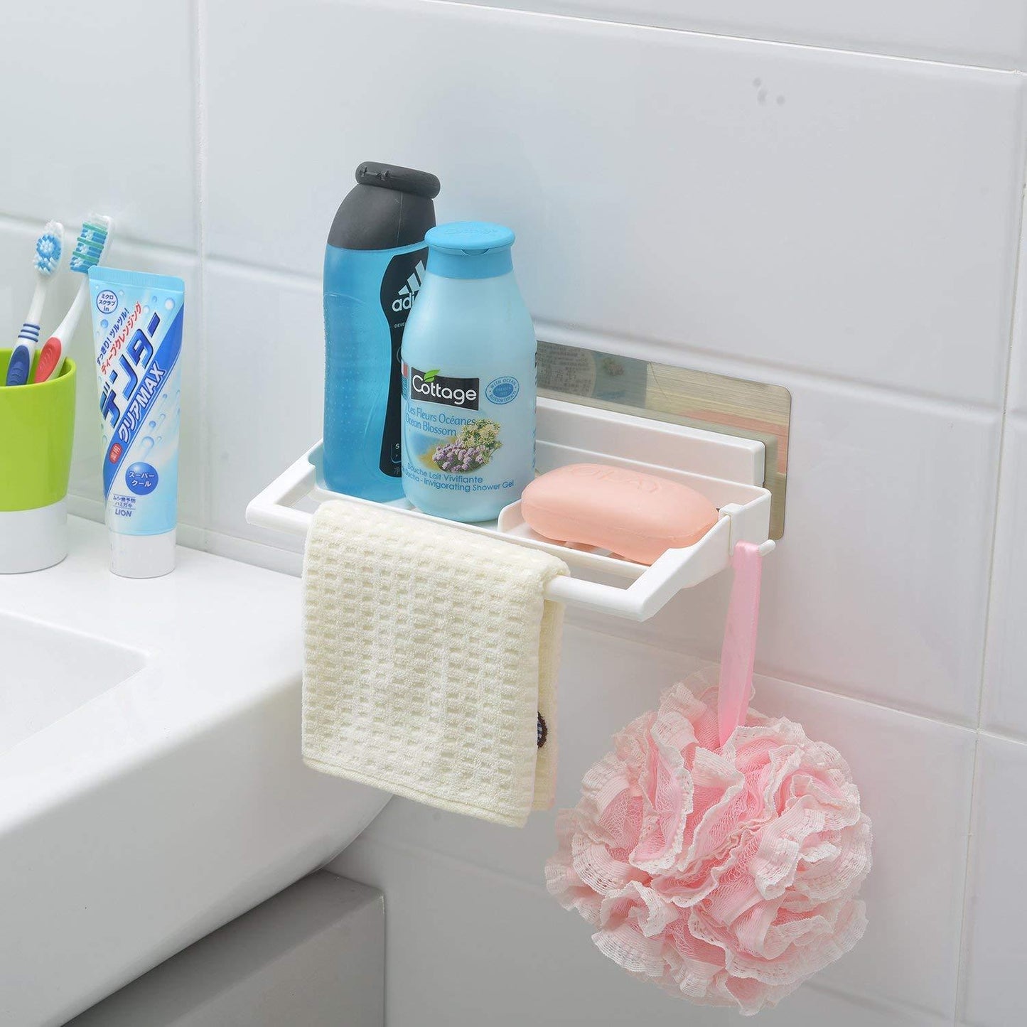 Buy white colour plastic wall mounted 2 soap stand with towel rod and hook
| HOKIPO