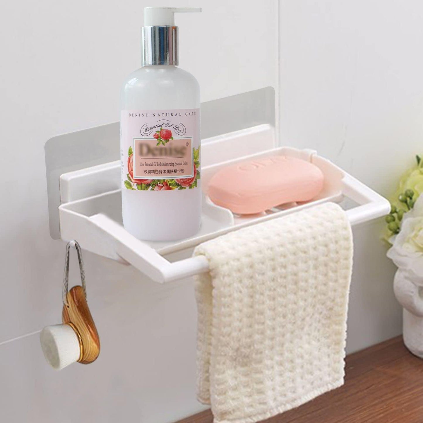 white colour plastic soap stand with towel rod and hook, wall mounted | HOKIPO