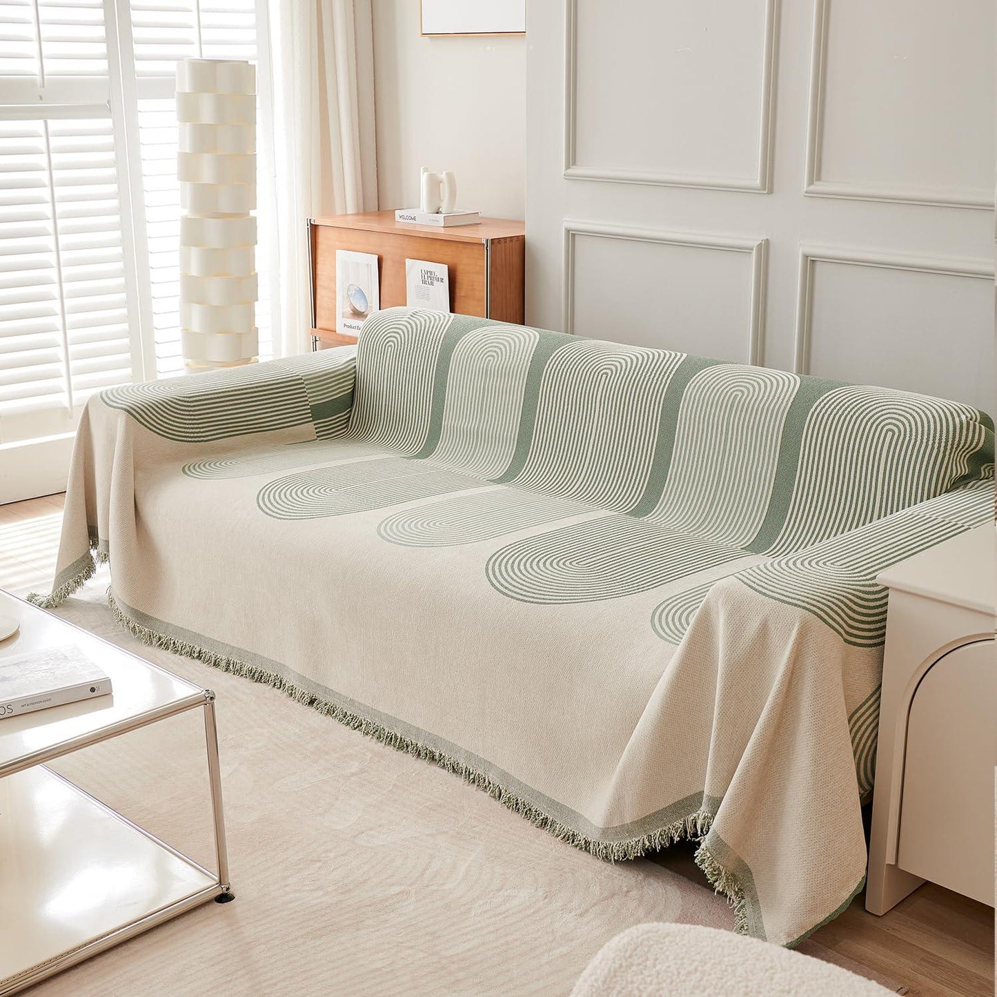 Pista Green, Abstract Line Print Chenille Sofa Throw | All - Season Fabric - HOKIPO | Har Ghar ka Humsafar