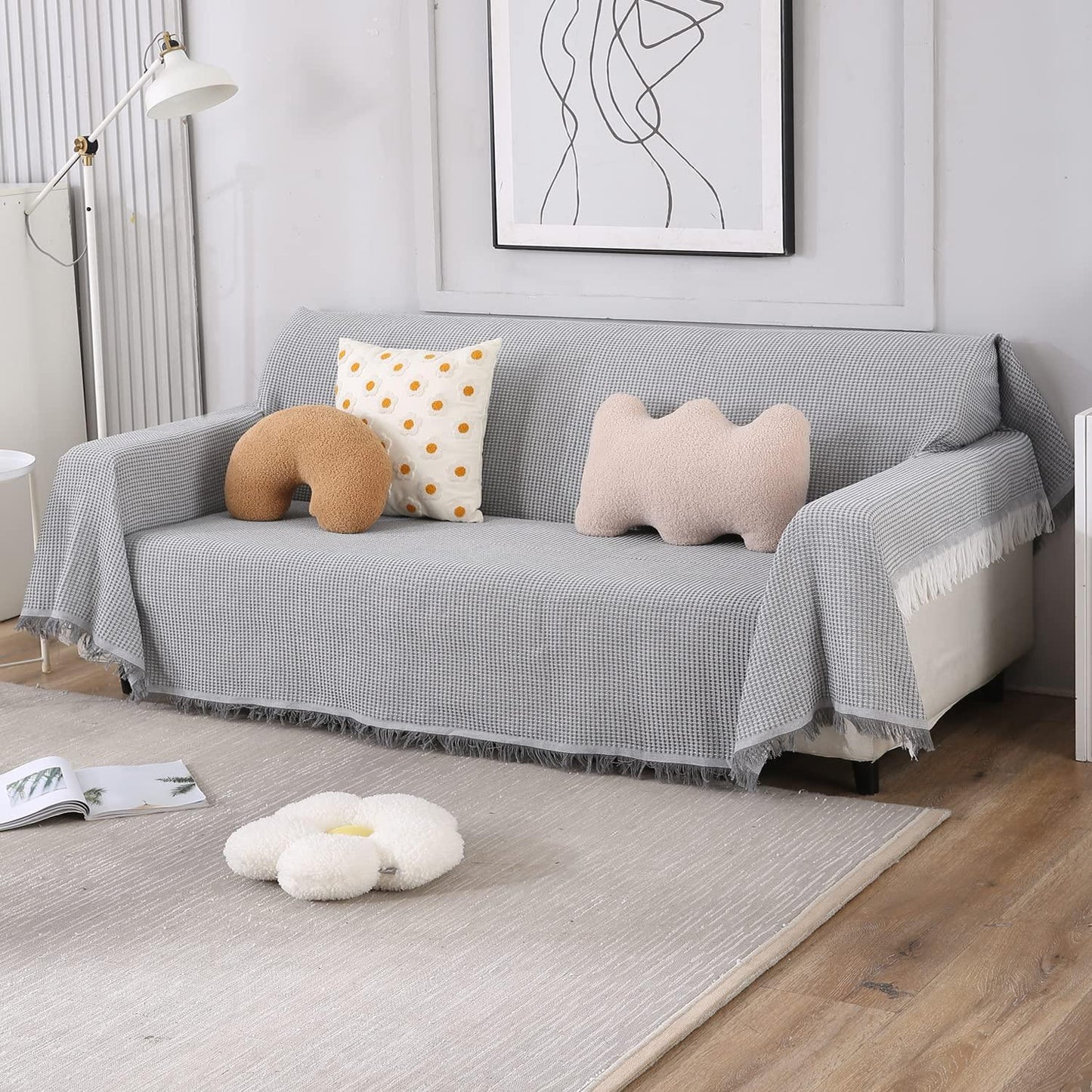 3 seater elegant Grey colour polycotton sofa throw of size 180(D)x300(L)